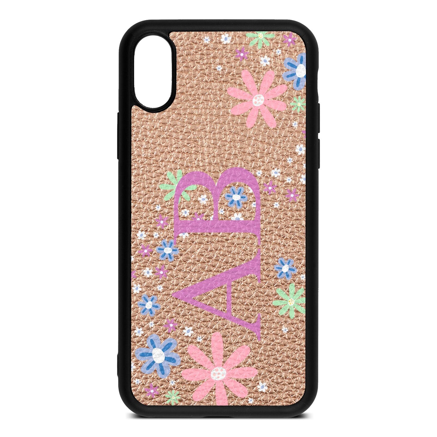 Personalised Floral Initials Rose Gold Pebble Leather iPhone Xs Case