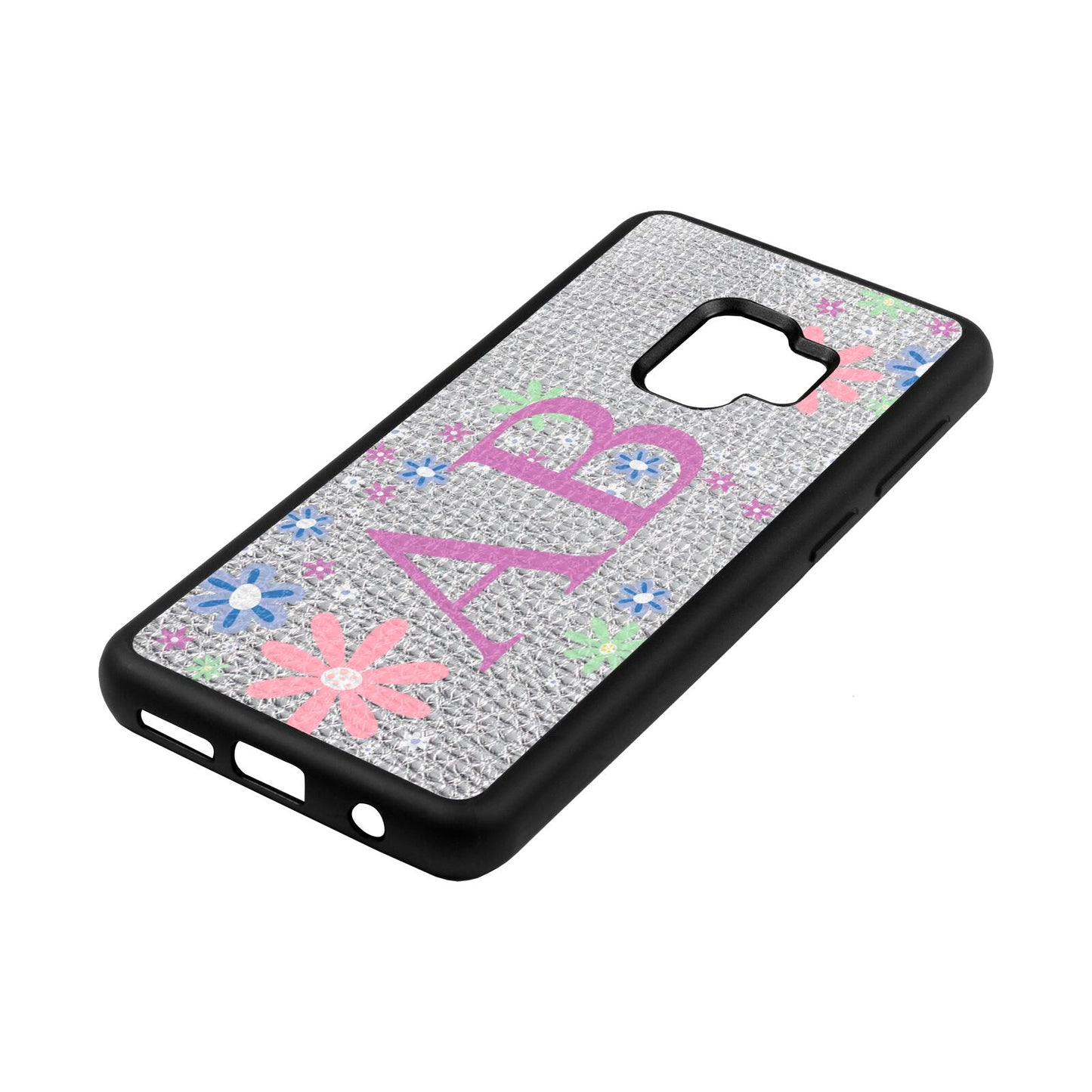 Personalised Floral Initials Silver Pebble Leather Samsung S9 Case Side Angle