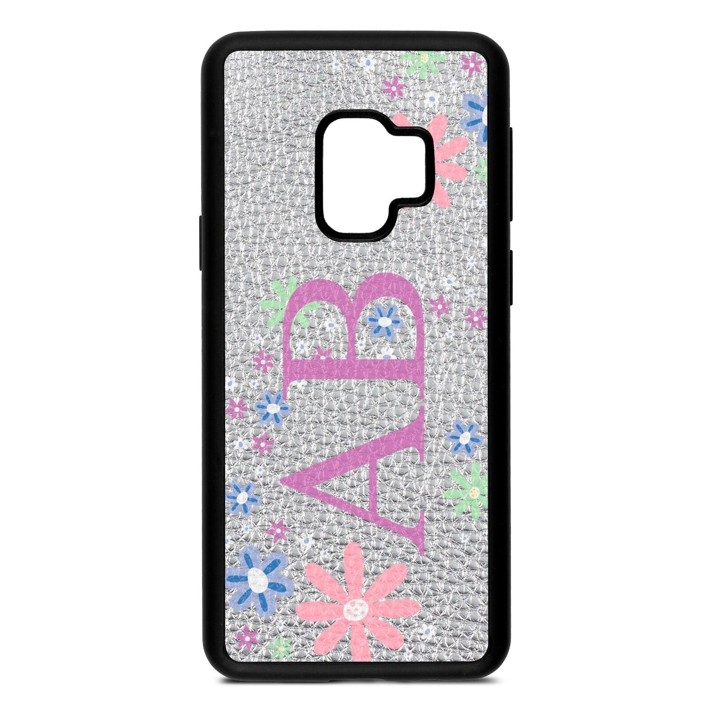 Personalised Floral Initials Silver Pebble Leather Samsung S9 Case