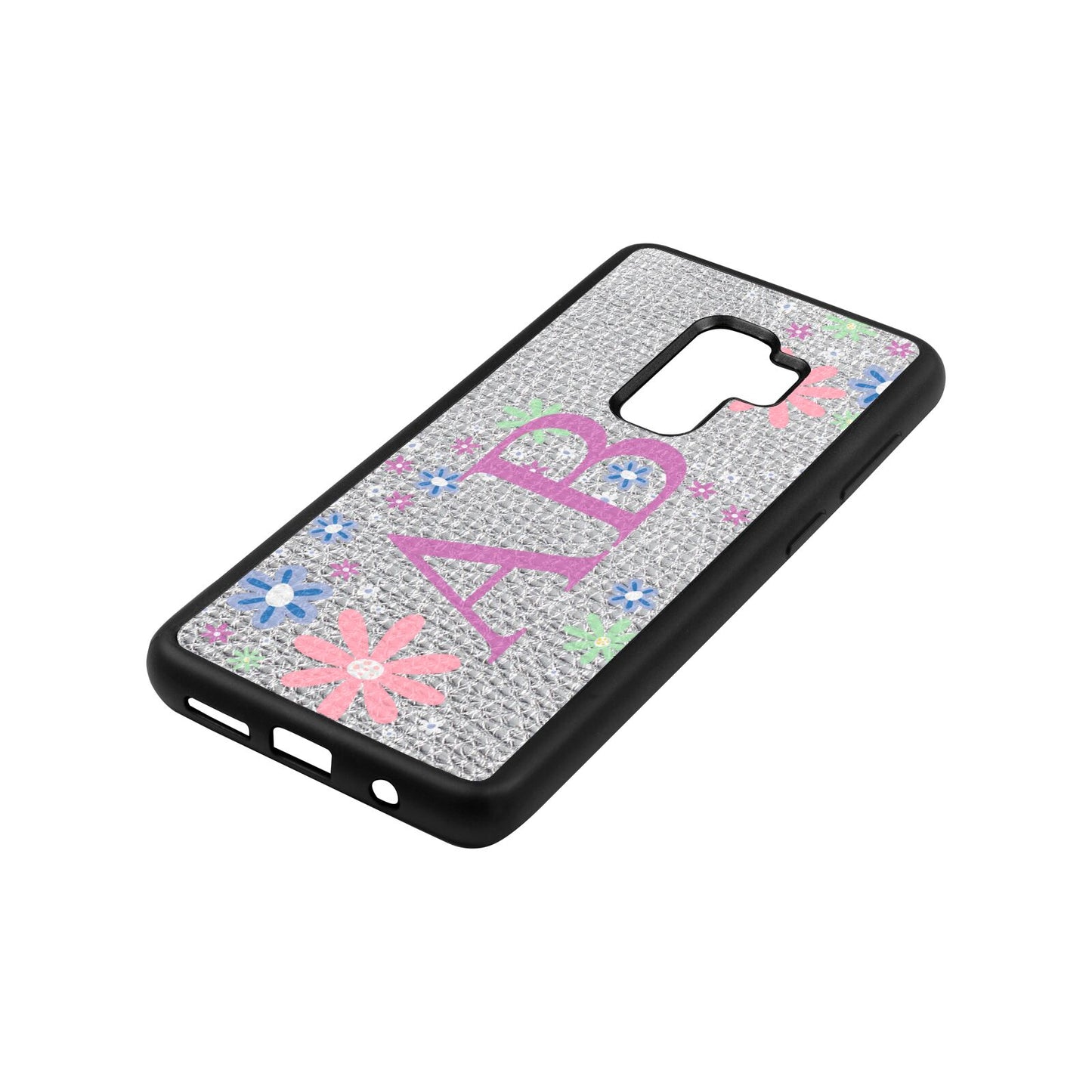Personalised Floral Initials Silver Pebble Leather Samsung S9 Plus Case Side Angle