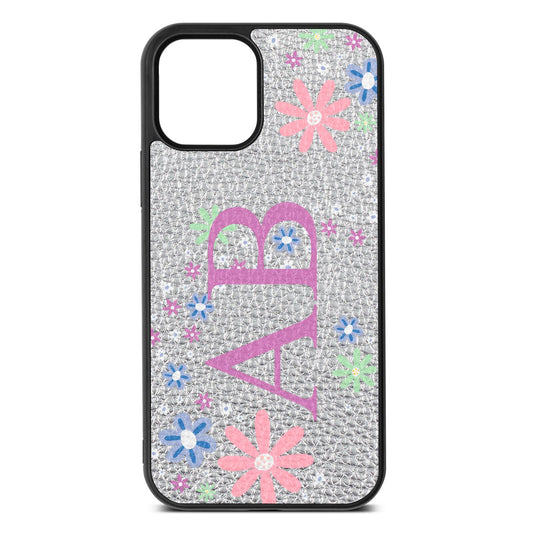 Personalised Floral Initials Silver Pebble Leather iPhone 12 Case