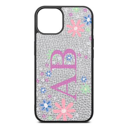 Personalised Floral Initials Silver Pebble Leather iPhone 13 Case
