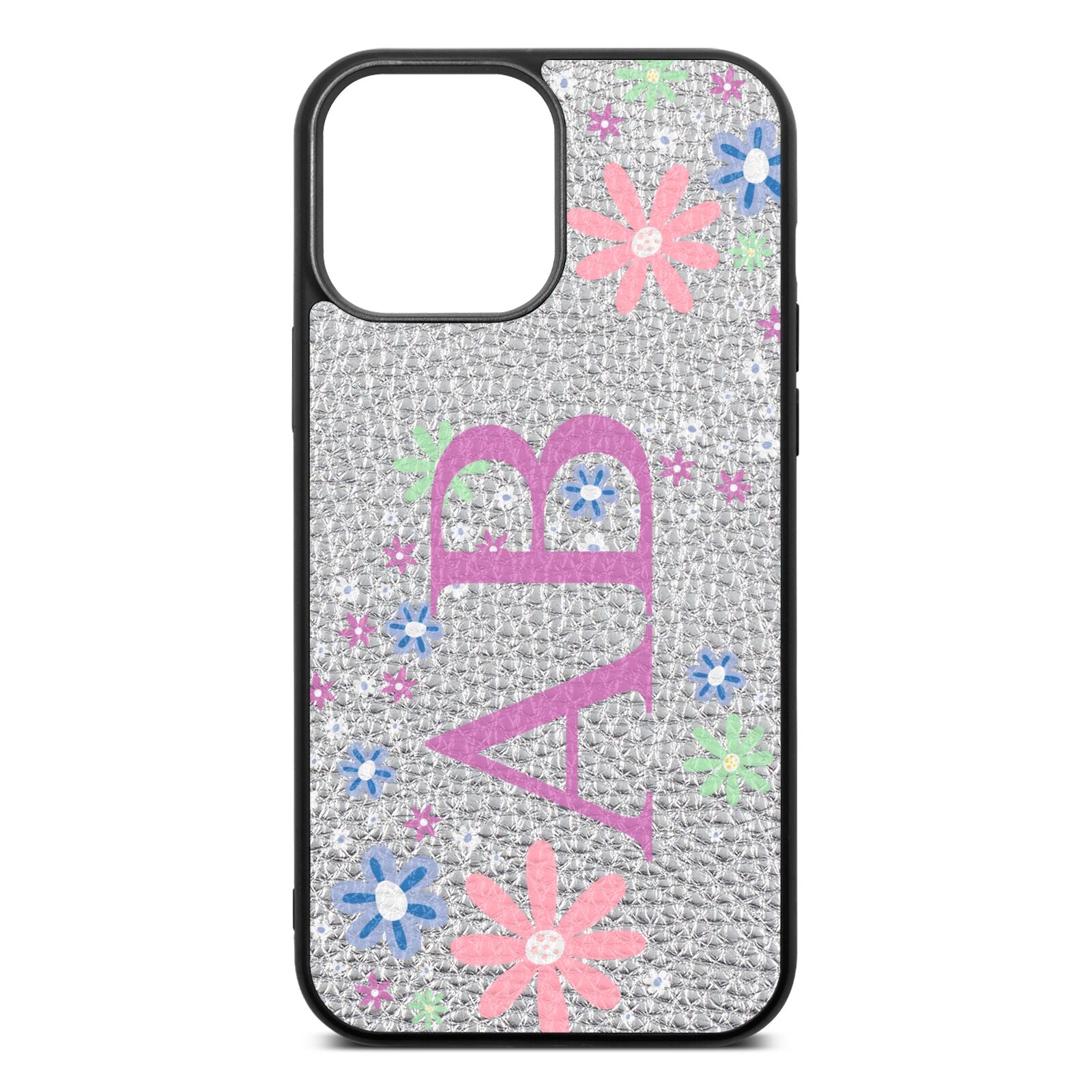 Personalised Floral Initials Silver Pebble Leather iPhone 13 Pro Max Case