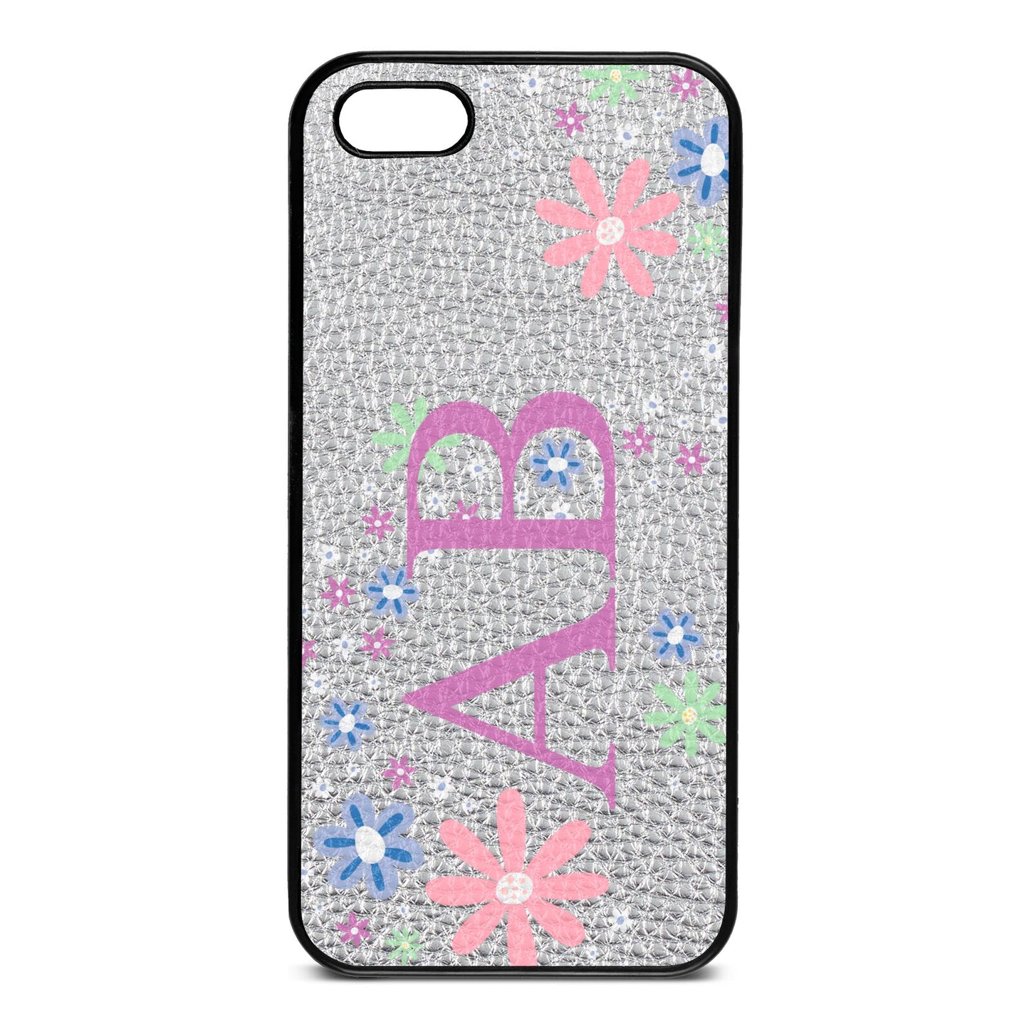 Personalised Floral Initials Silver Pebble Leather iPhone 5 Case