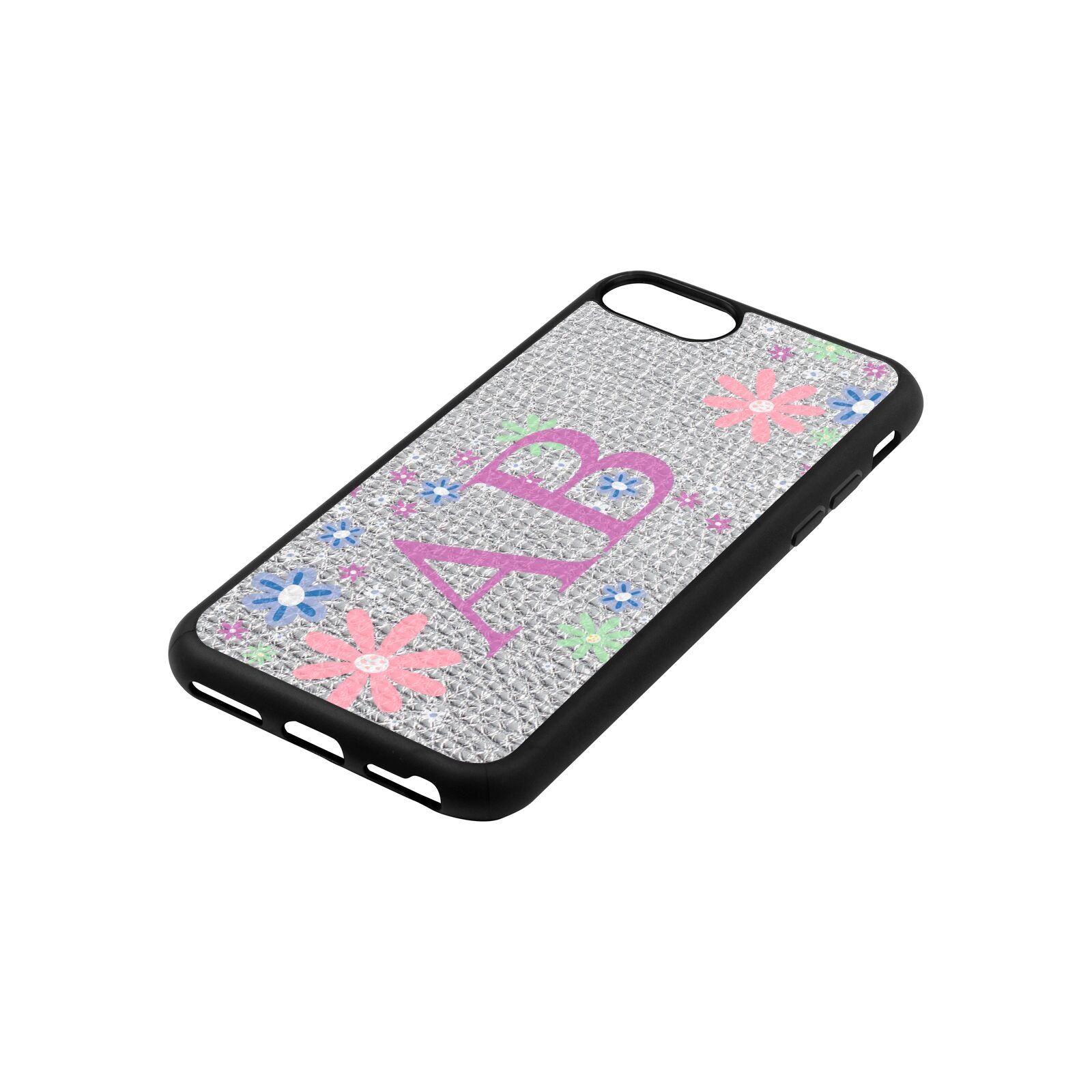 Personalised Floral Initials Silver Pebble Leather iPhone 8 Case Side Angle