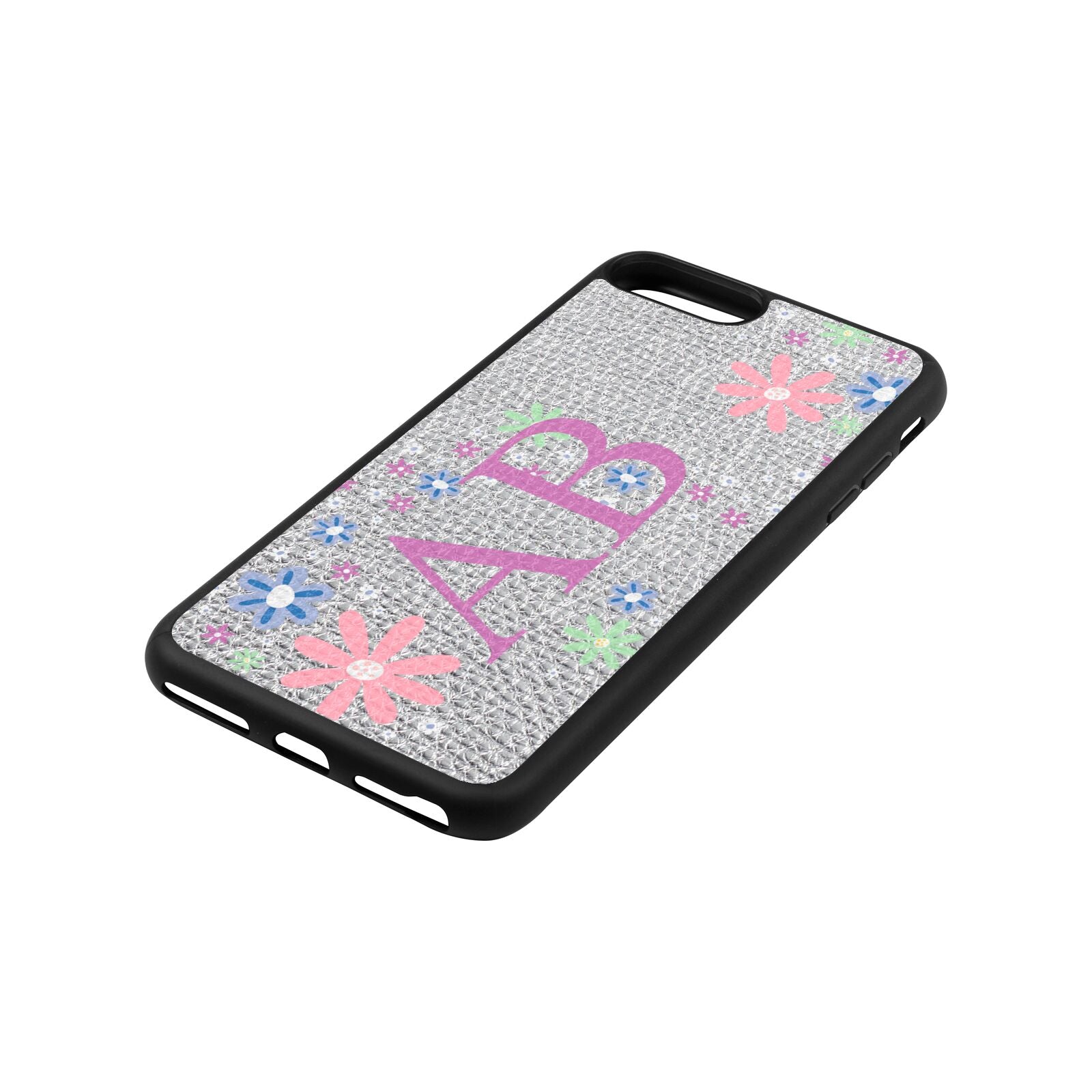 Personalised Floral Initials Silver Pebble Leather iPhone 8 Plus Case Side Angle