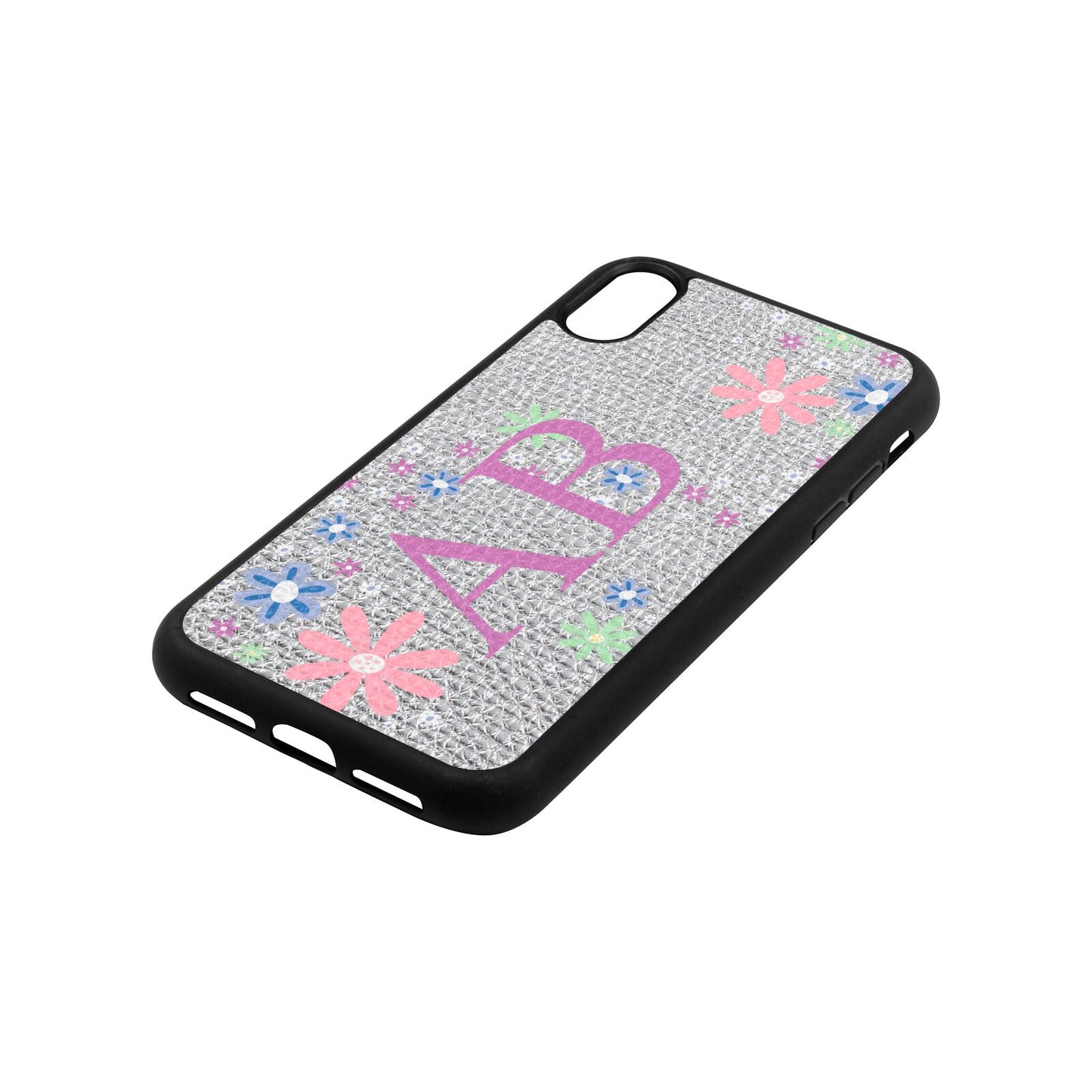 Personalised Floral Initials Silver Pebble Leather iPhone Xr Case Side Angle