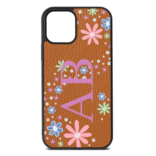 Personalised Floral Initials Tan Pebble Leather iPhone 12 Case