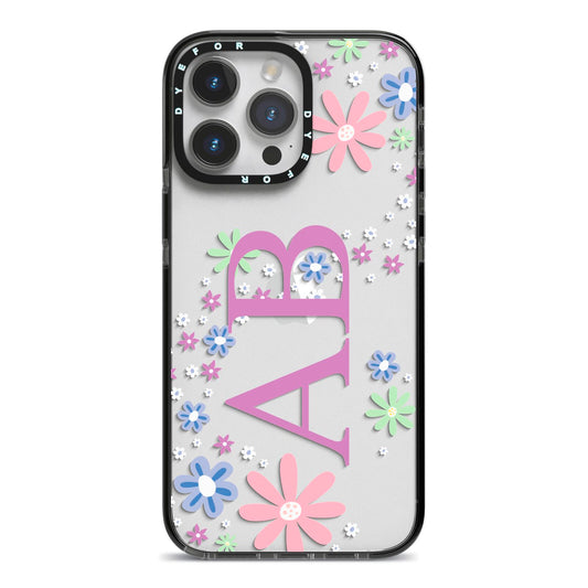 Personalised Floral Initials iPhone 14 Pro Max Black Impact Case on Silver phone
