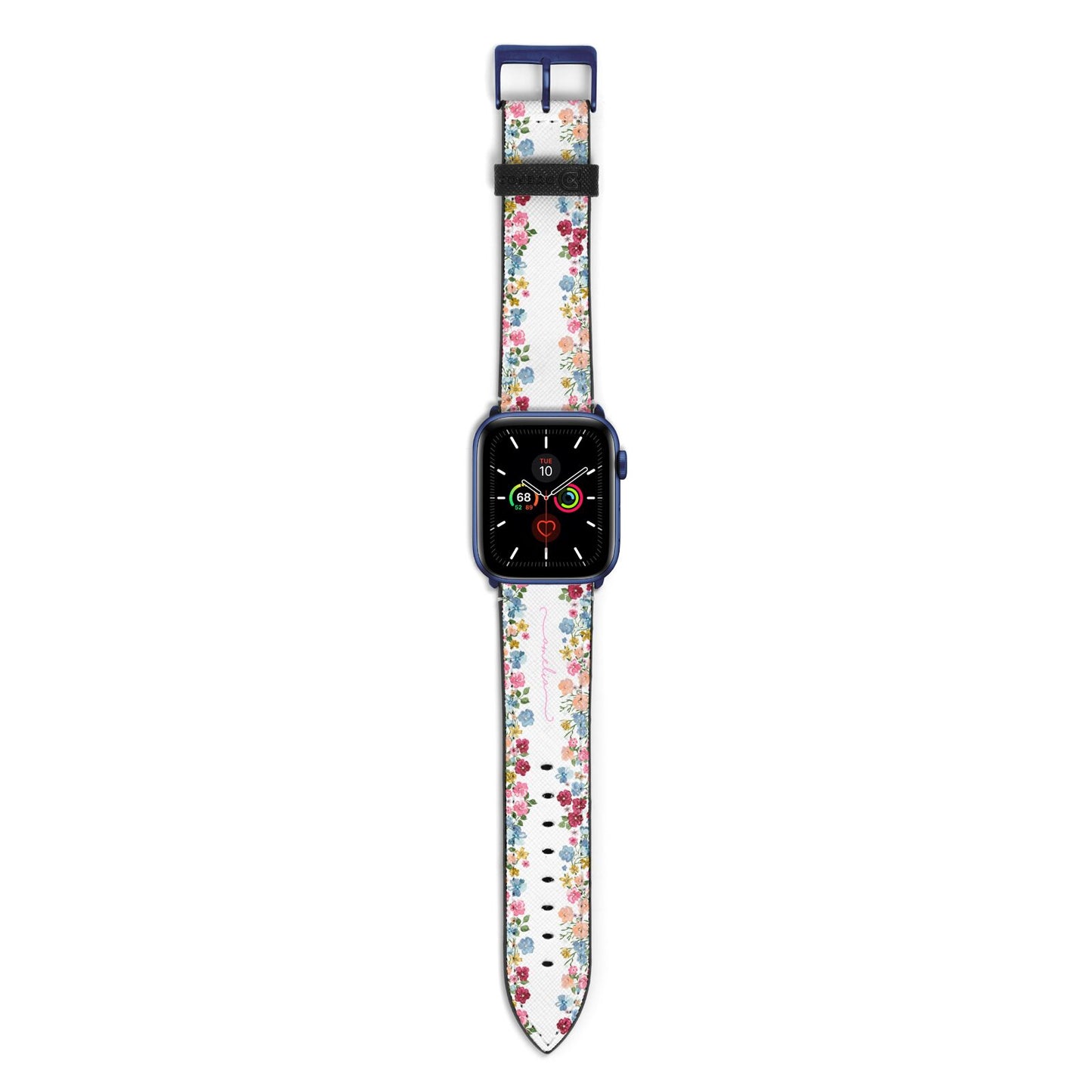 Personalised Floral Meadow Apple Watch Strap with Blue Hardware