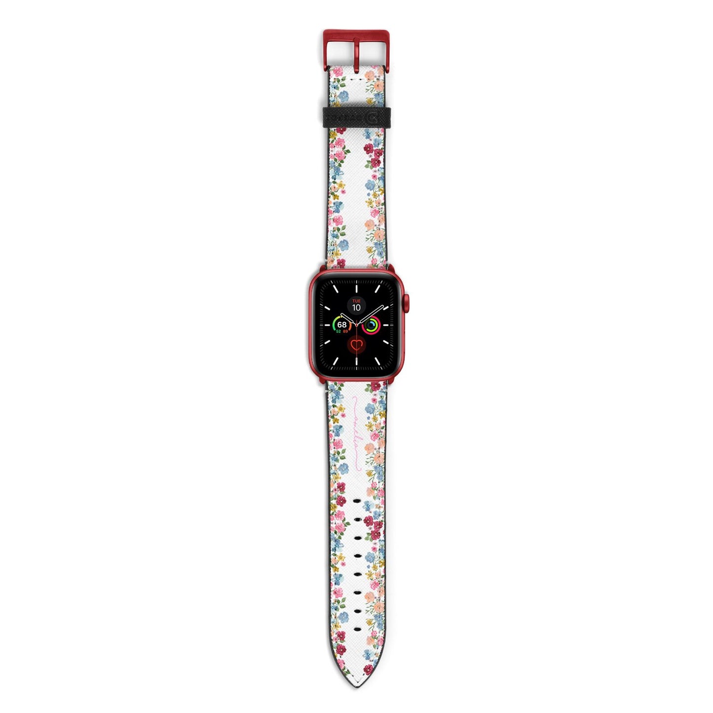 Personalised Floral Meadow Apple Watch Strap with Red Hardware