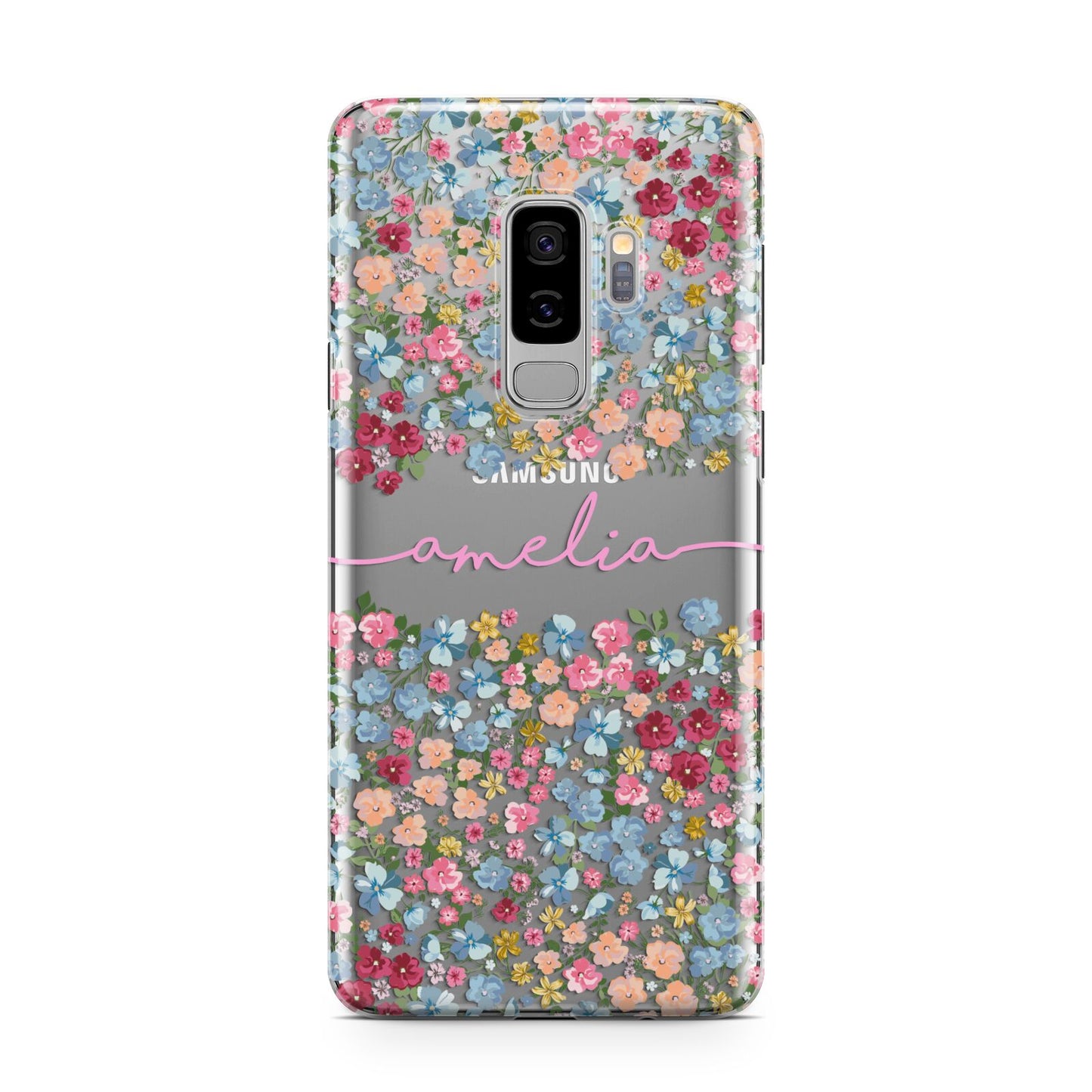 Personalised Floral Meadow Samsung Galaxy S9 Plus Case on Silver phone