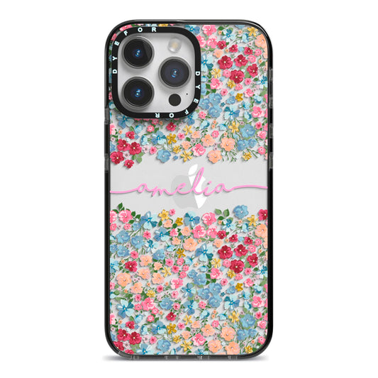 Personalised Floral Meadow iPhone 14 Pro Max Black Impact Case on Silver phone