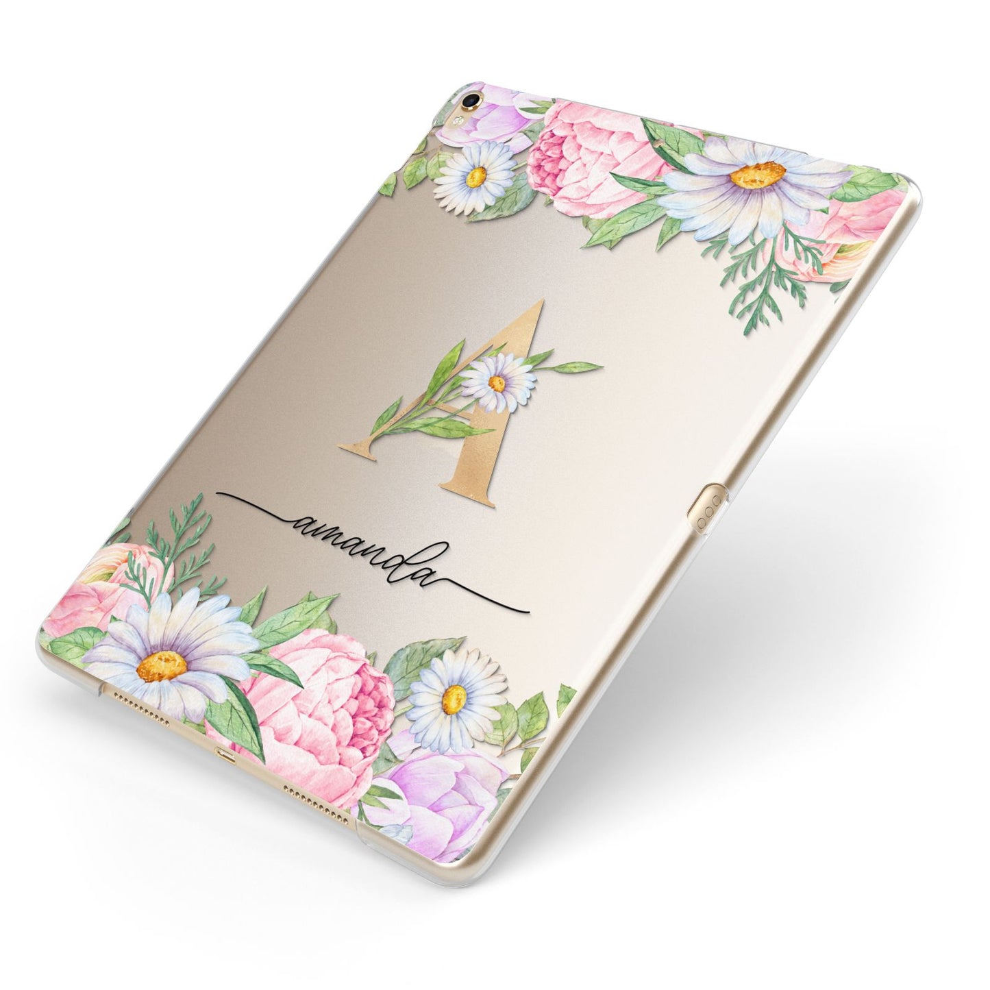 Personalised Floral Monogram Apple iPad Case on Gold iPad Side View