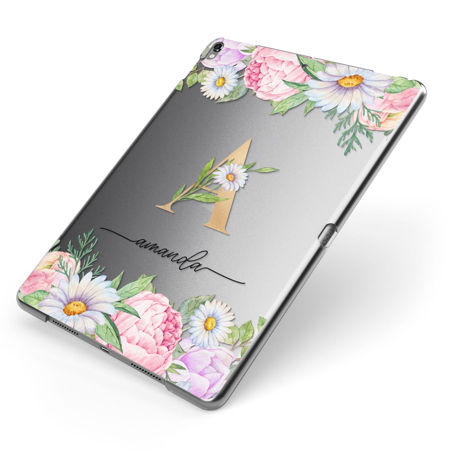Personalised Floral Monogram Apple iPad Case on Grey iPad Side View