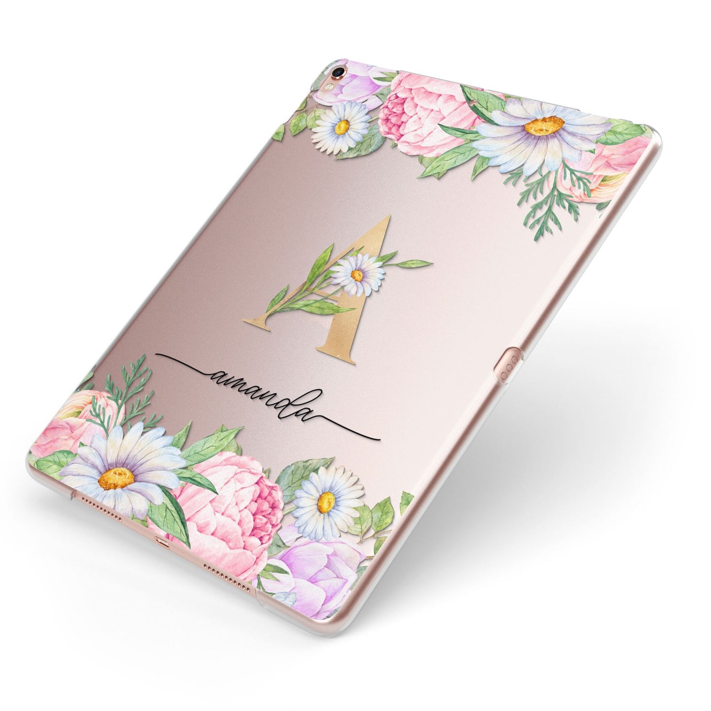 Personalised Floral Monogram Apple iPad Case on Rose Gold iPad Side View