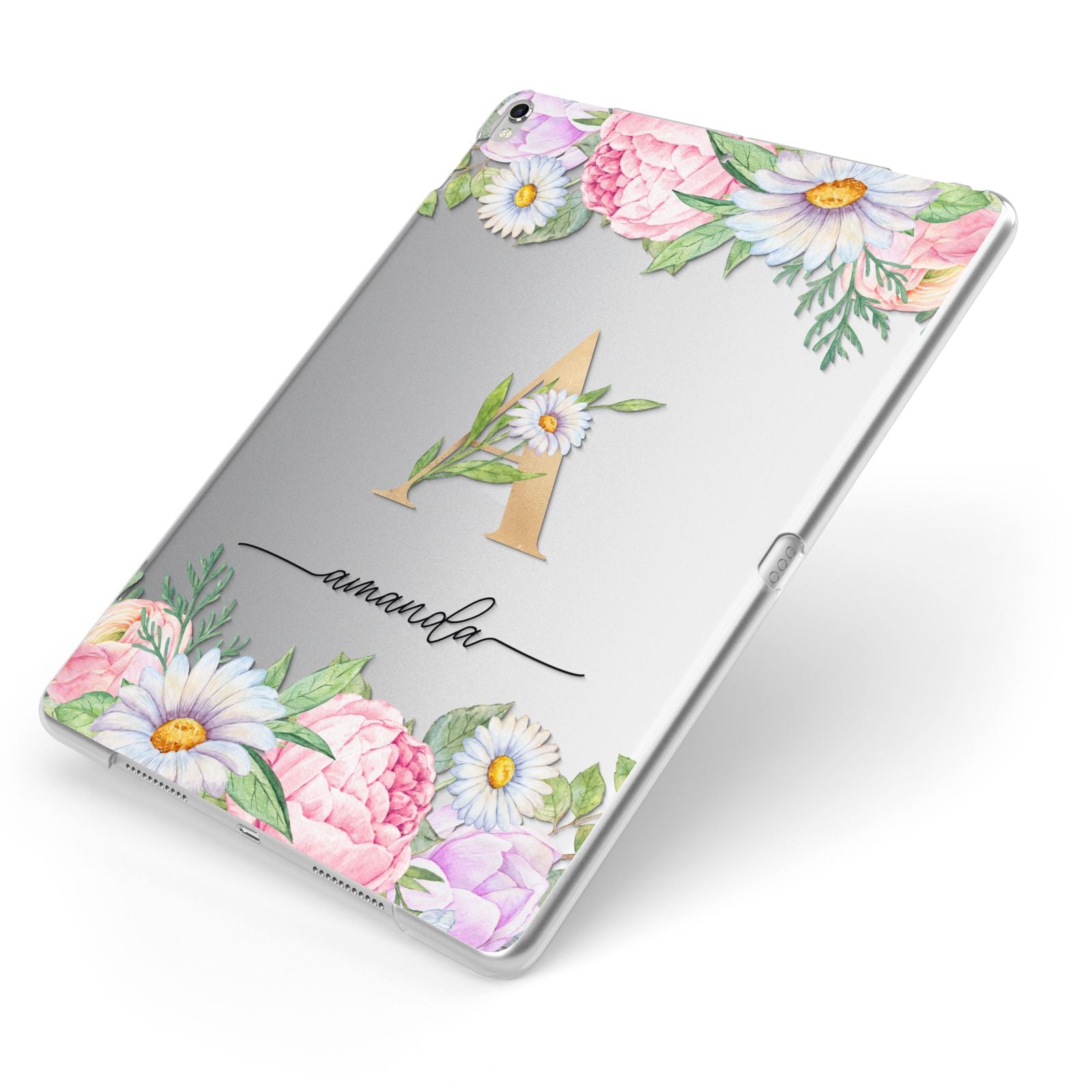 Personalised Floral Monogram Apple iPad Case on Silver iPad Side View