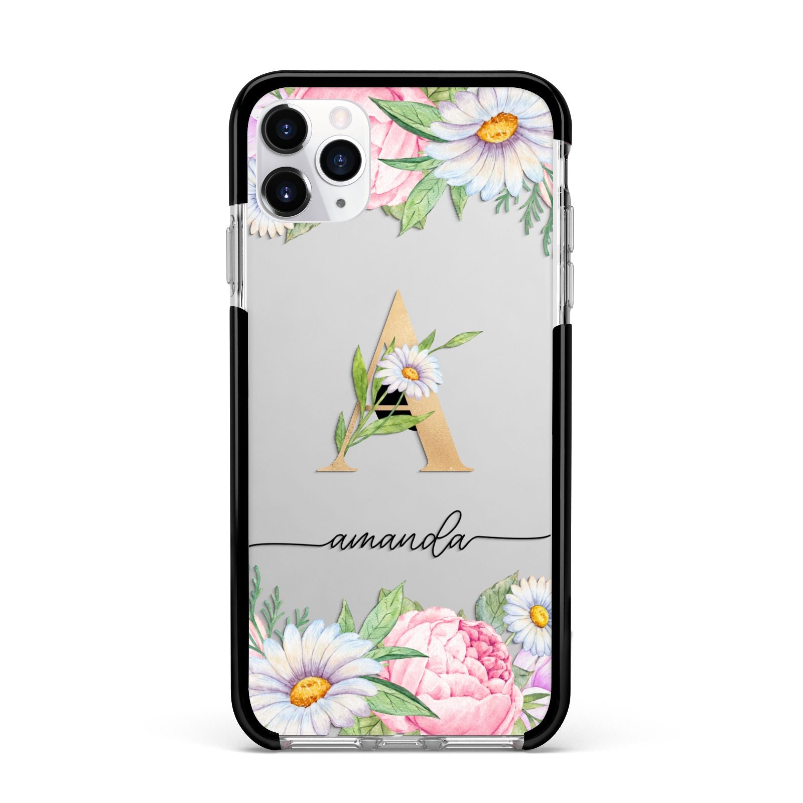 Personalised Floral Monogram Apple iPhone 11 Pro Max in Silver with Black Impact Case