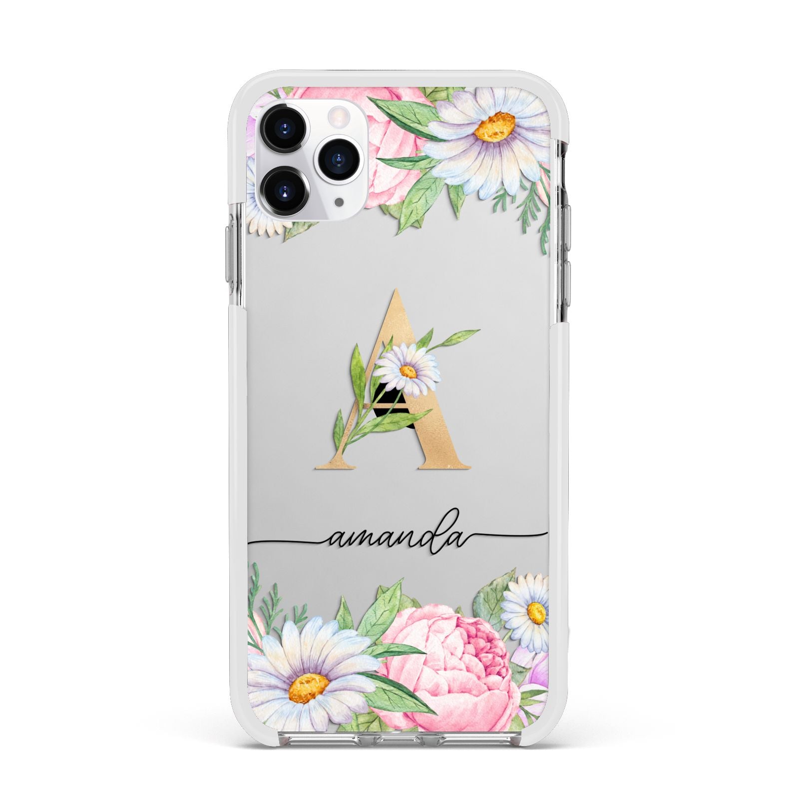 Personalised Floral Monogram Apple iPhone 11 Pro Max in Silver with White Impact Case