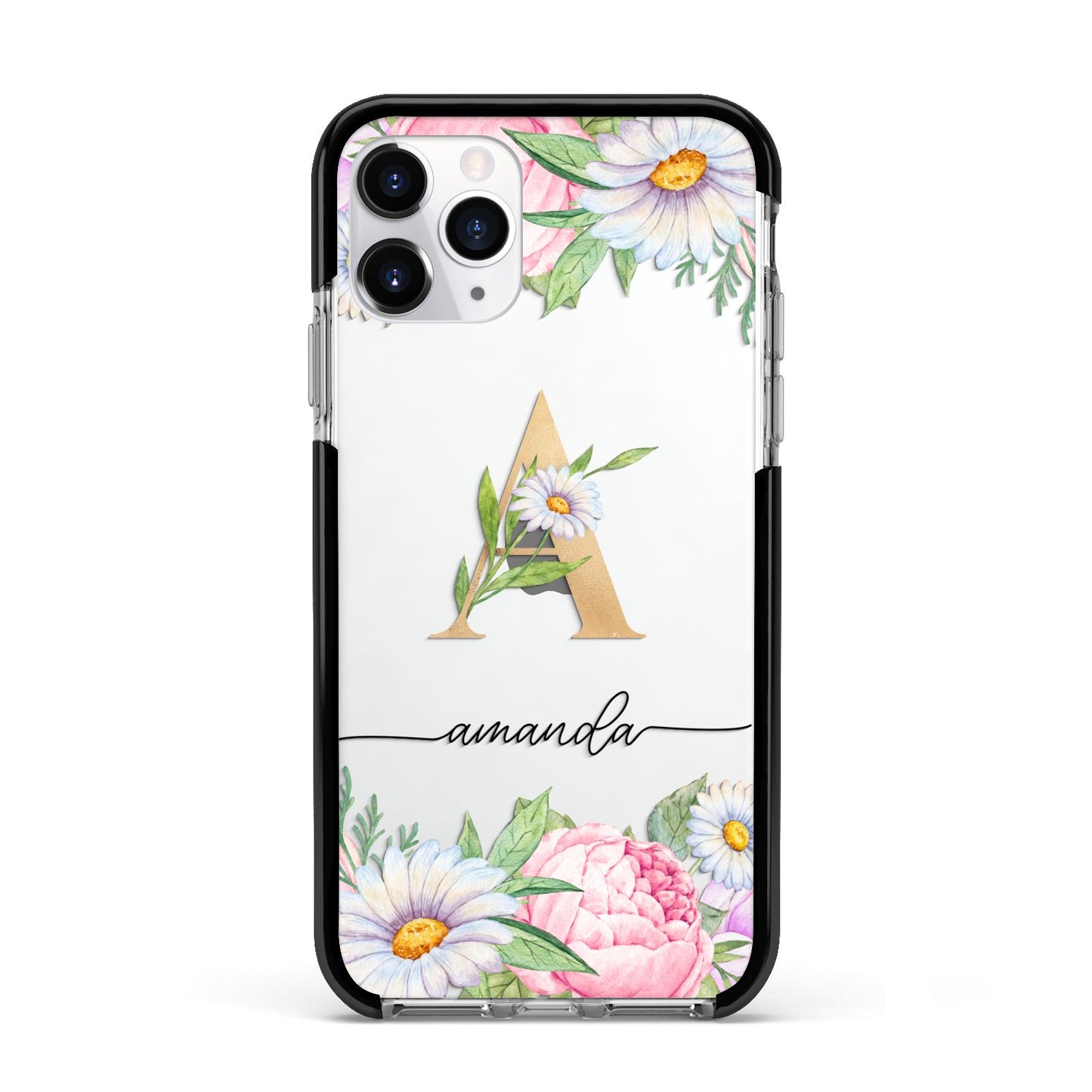 Personalised Floral Monogram Apple iPhone 11 Pro in Silver with Black Impact Case