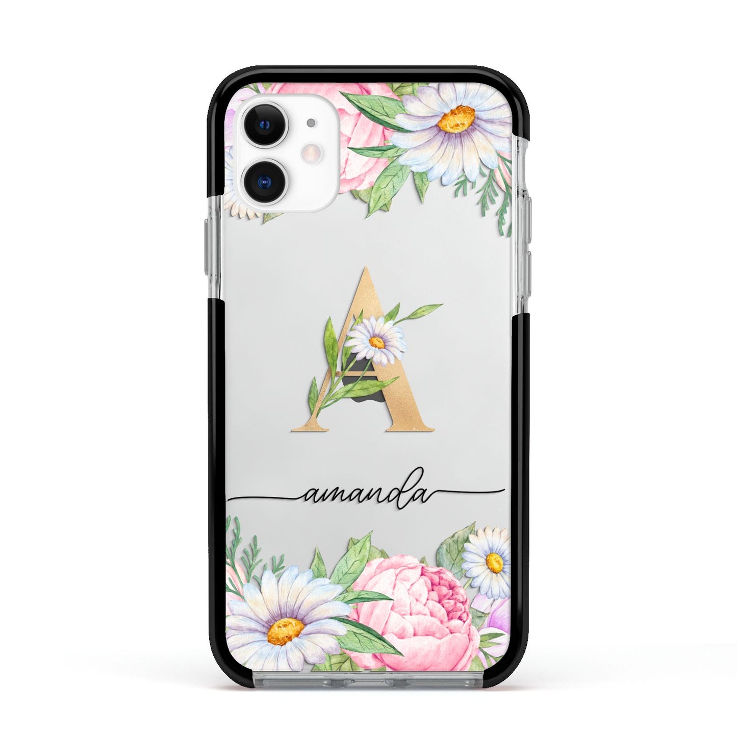 Personalised Floral Monogram Apple iPhone 11 in White with Black Impact Case