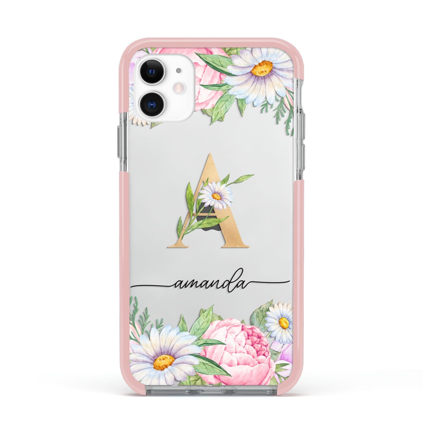 Personalised Floral Monogram Apple iPhone 11 in White with Pink Impact Case