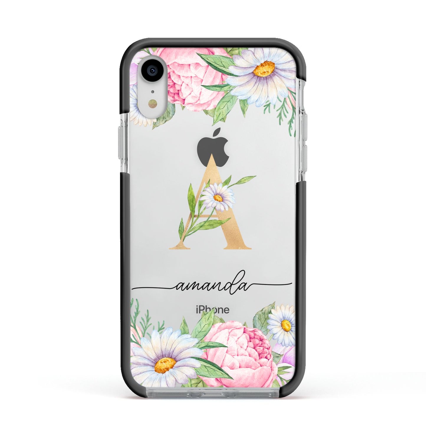 Personalised Floral Monogram Apple iPhone XR Impact Case Black Edge on Silver Phone
