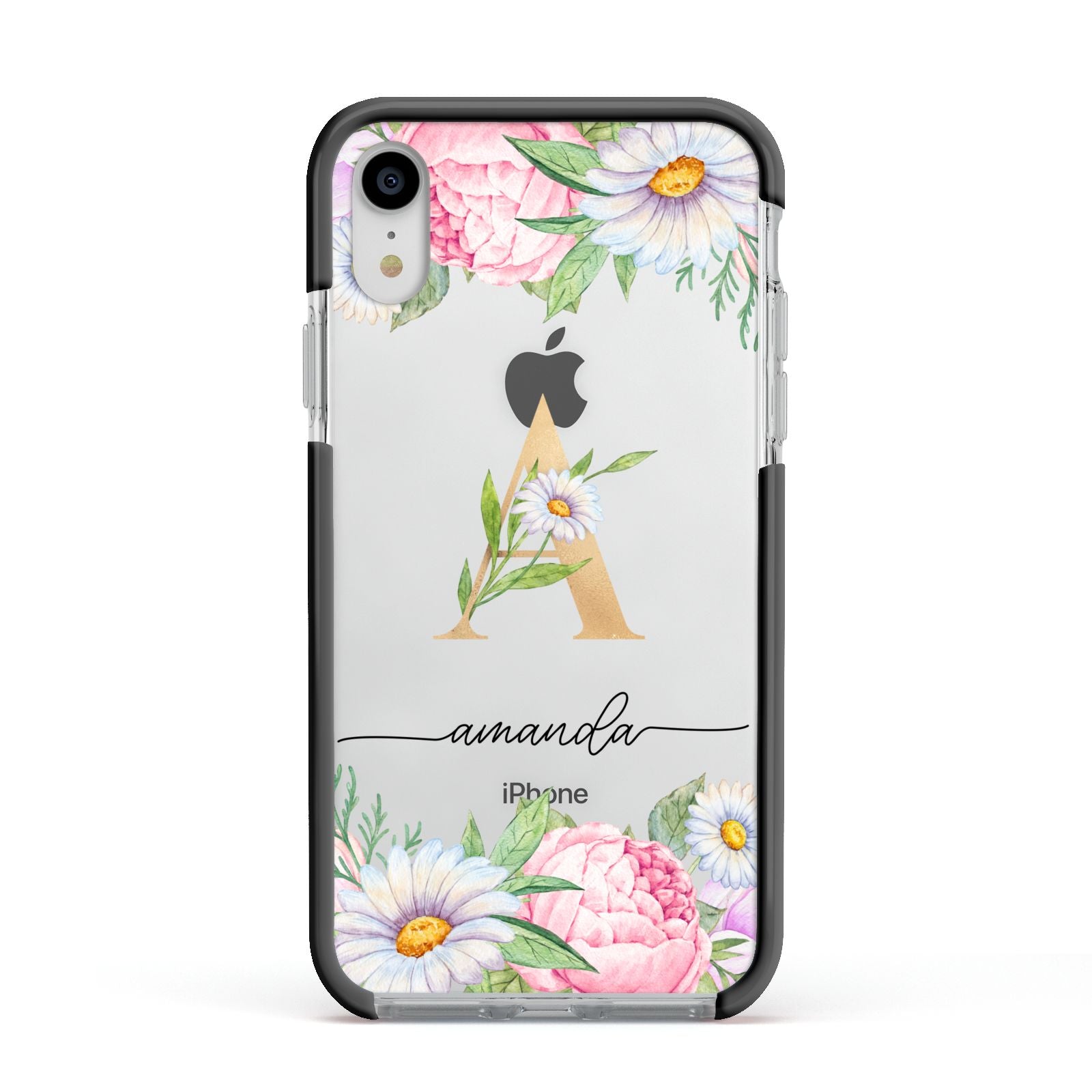 Personalised Floral Monogram Apple iPhone XR Impact Case Black Edge on Silver Phone