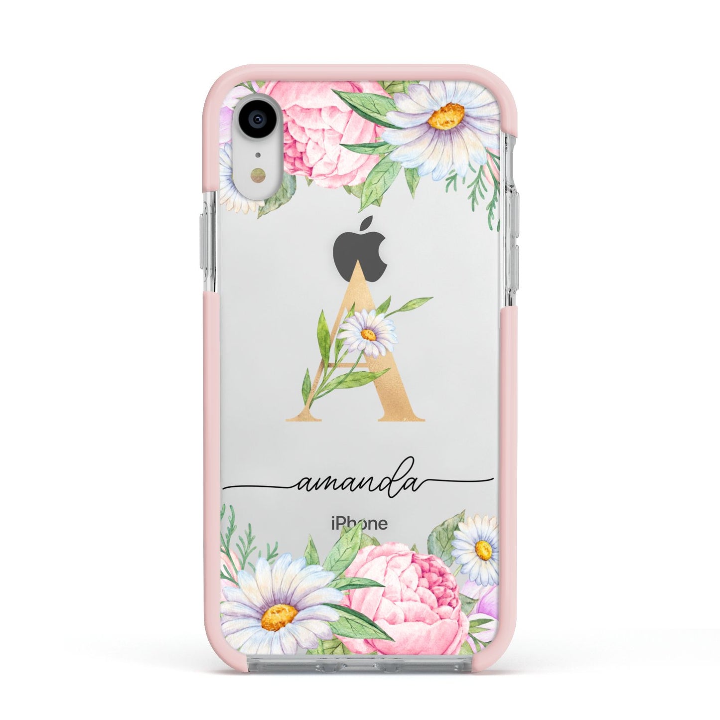 Personalised Floral Monogram Apple iPhone XR Impact Case Pink Edge on Silver Phone
