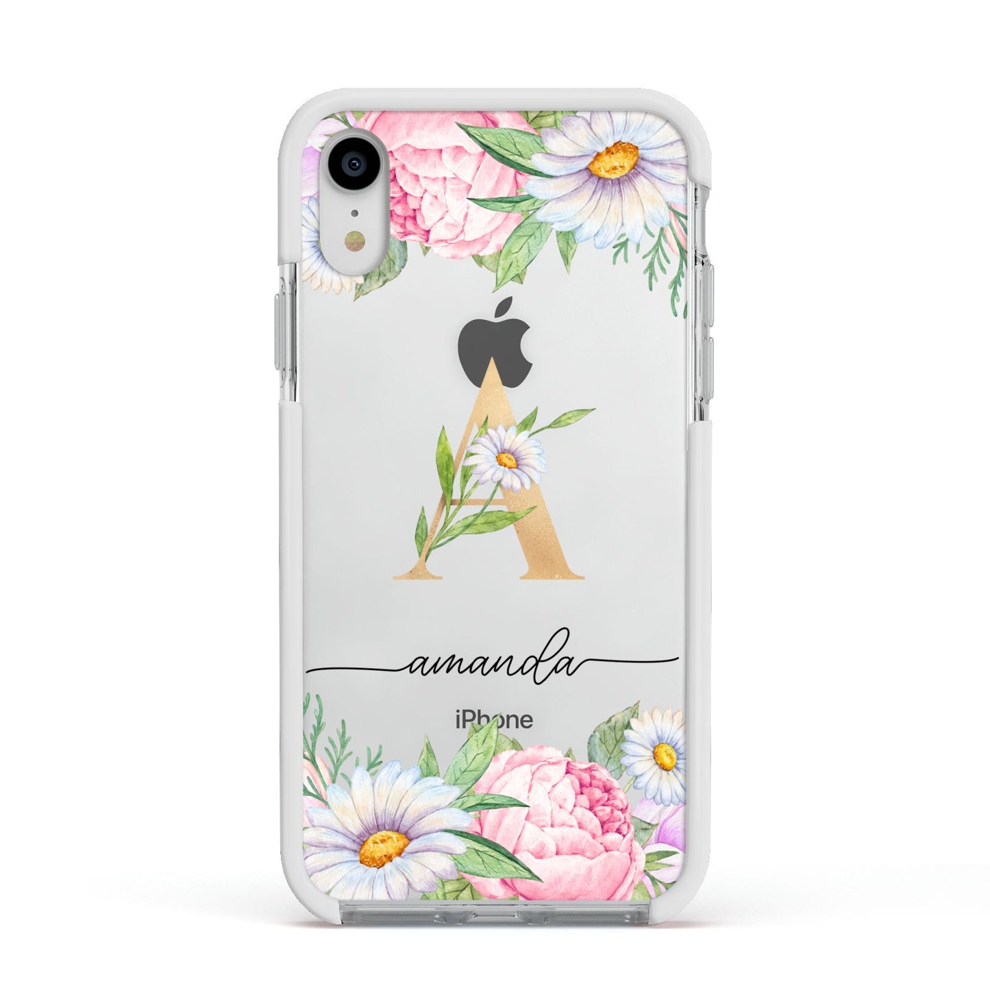 Personalised Floral Monogram Apple iPhone XR Impact Case White Edge on Silver Phone