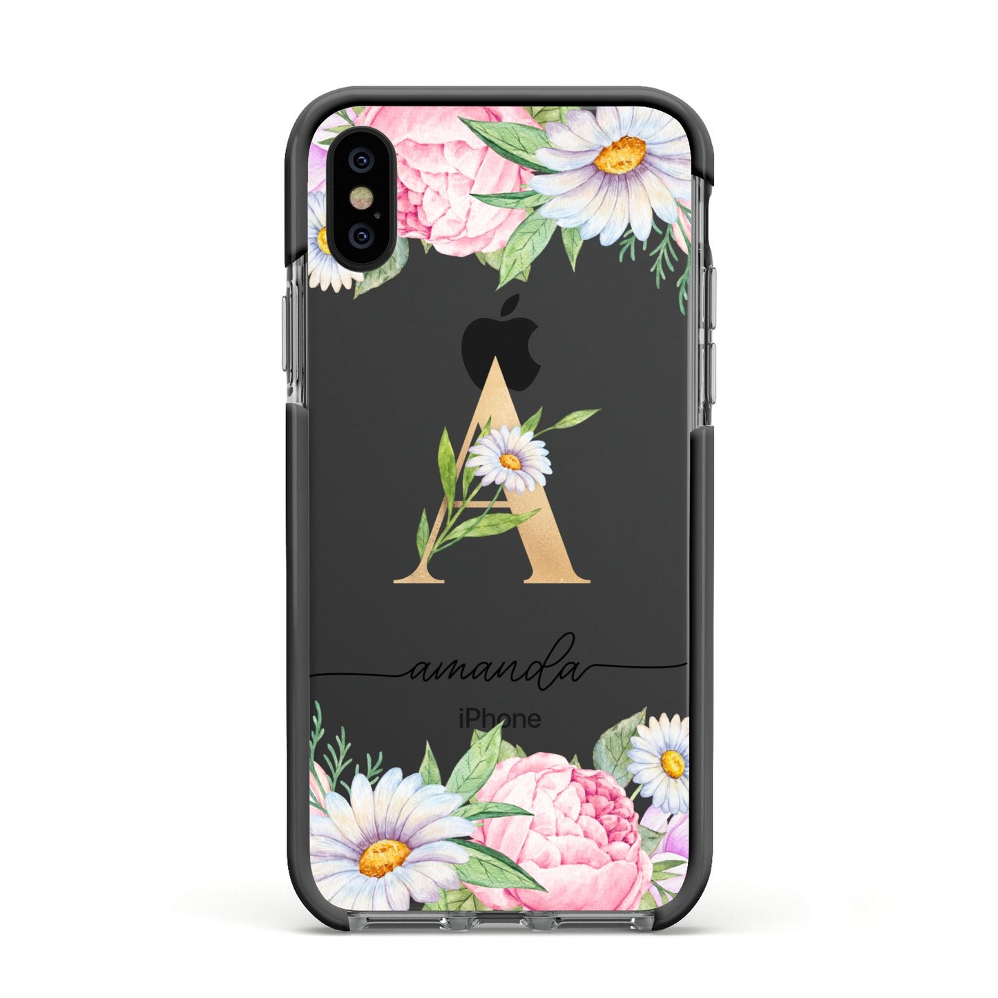 Personalised Floral Monogram Apple iPhone Xs Impact Case Black Edge on Black Phone