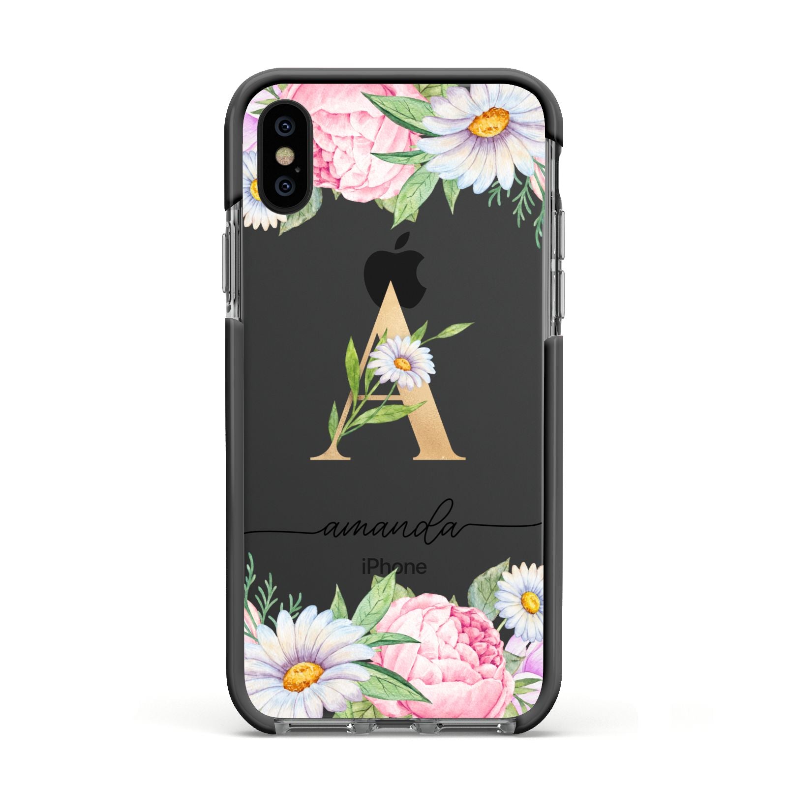 Personalised Floral Monogram Apple iPhone Xs Impact Case Black Edge on Black Phone