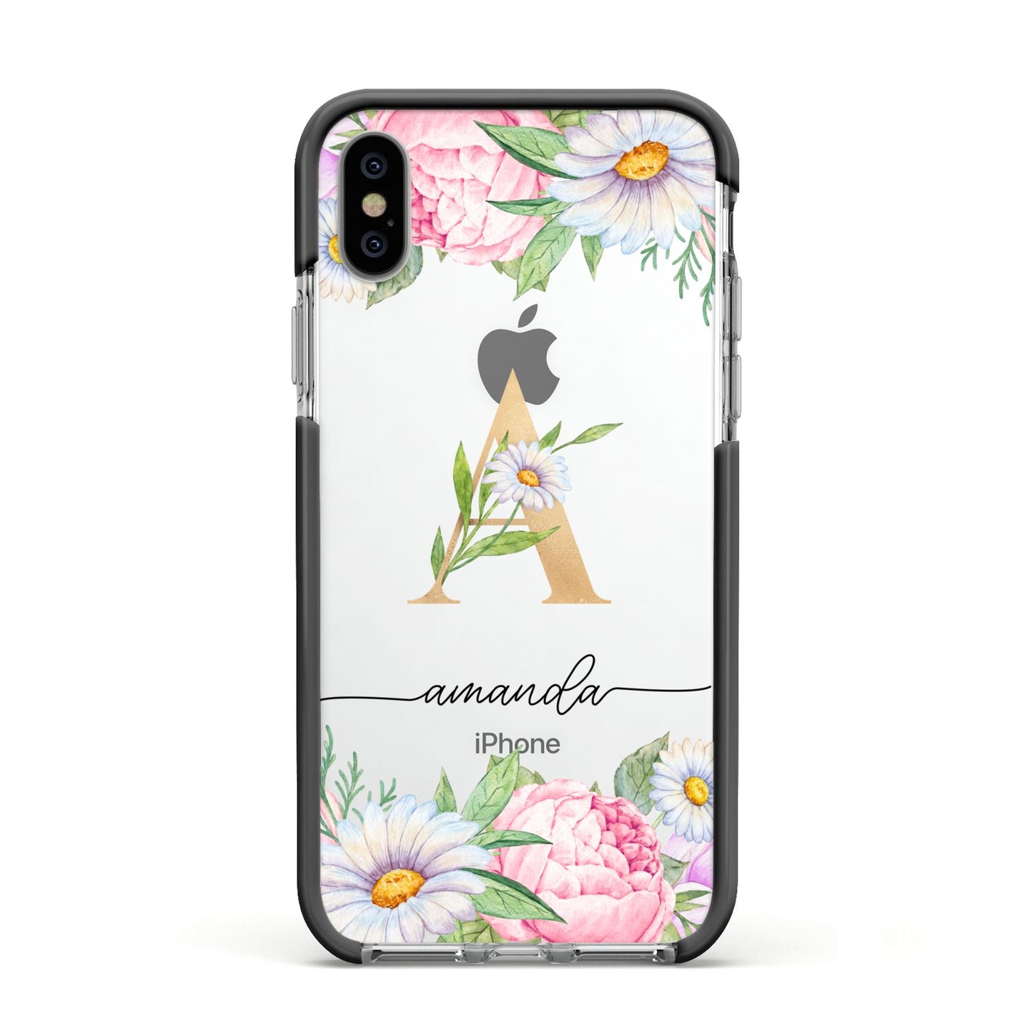 Personalised Floral Monogram Apple iPhone Xs Impact Case Black Edge on Silver Phone