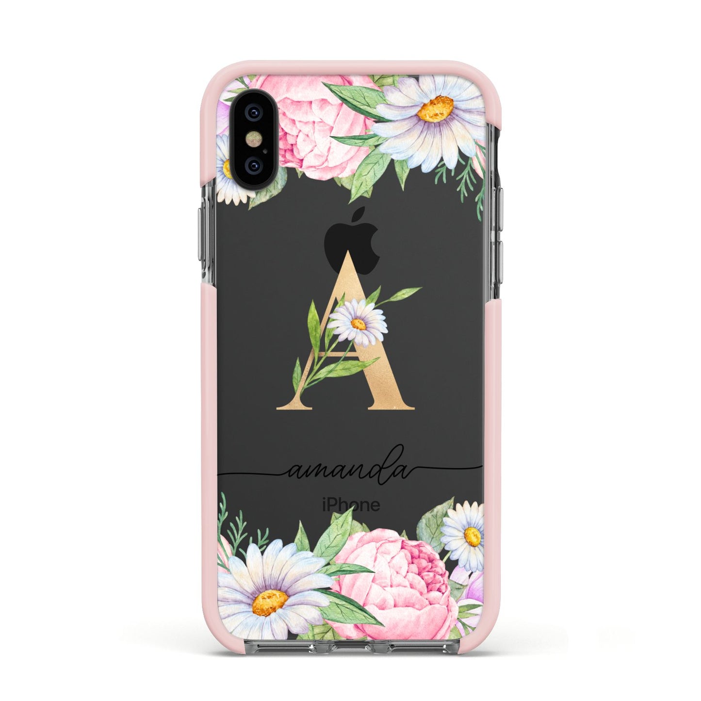 Personalised Floral Monogram Apple iPhone Xs Impact Case Pink Edge on Black Phone