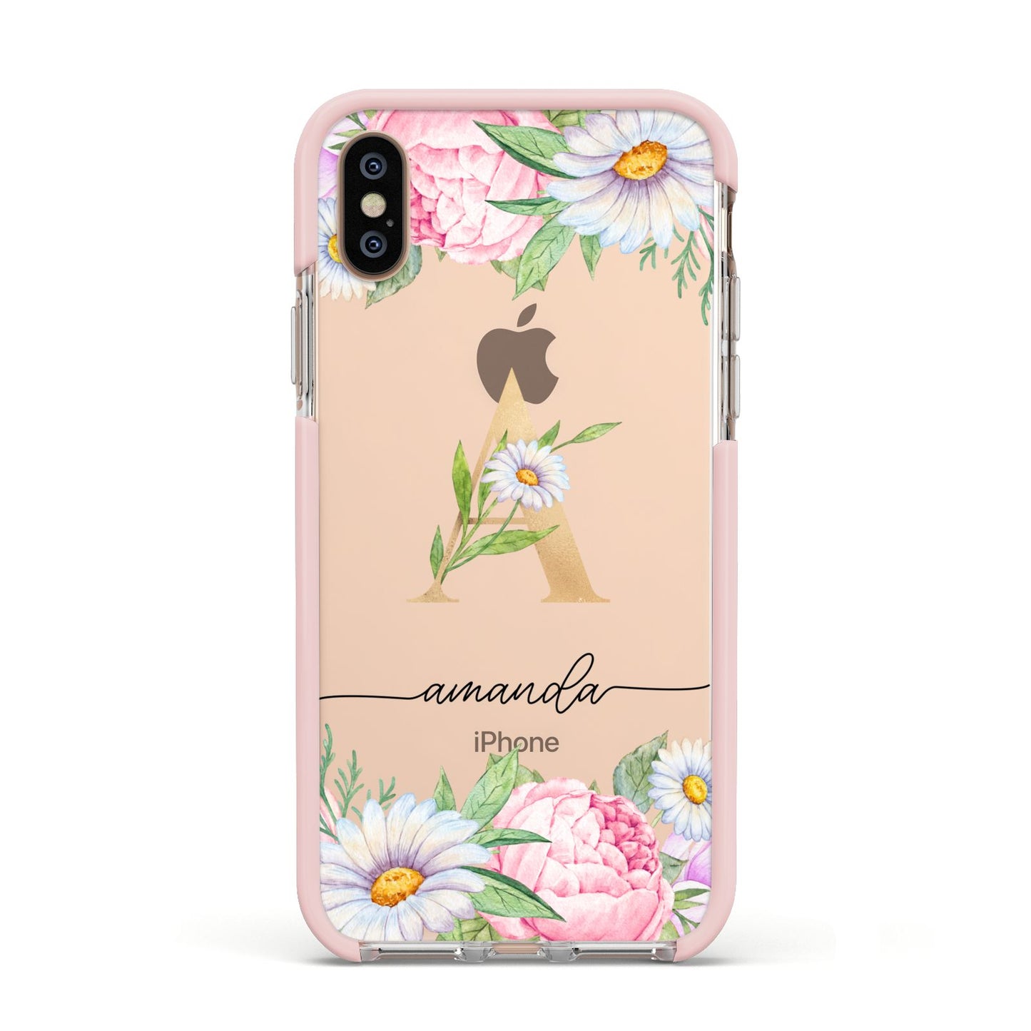 Personalised Floral Monogram Apple iPhone Xs Impact Case Pink Edge on Gold Phone