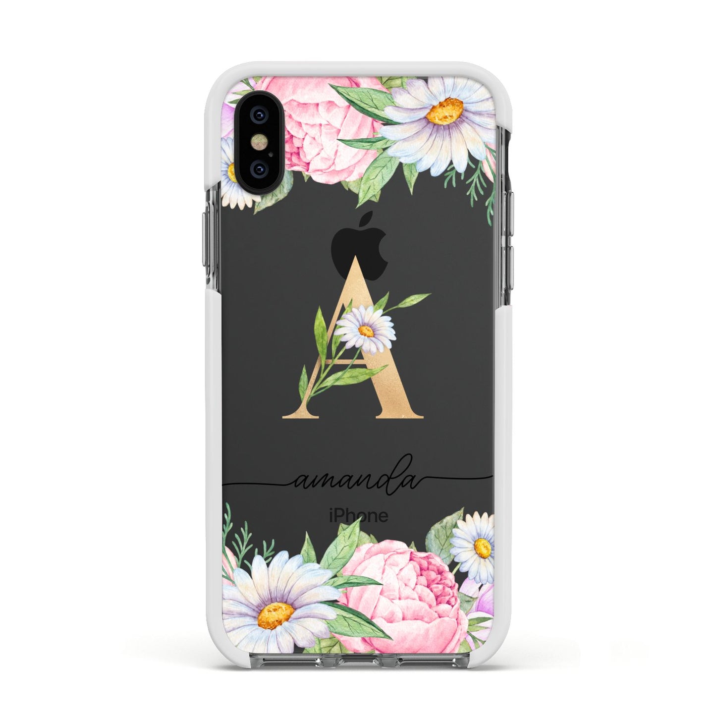 Personalised Floral Monogram Apple iPhone Xs Impact Case White Edge on Black Phone