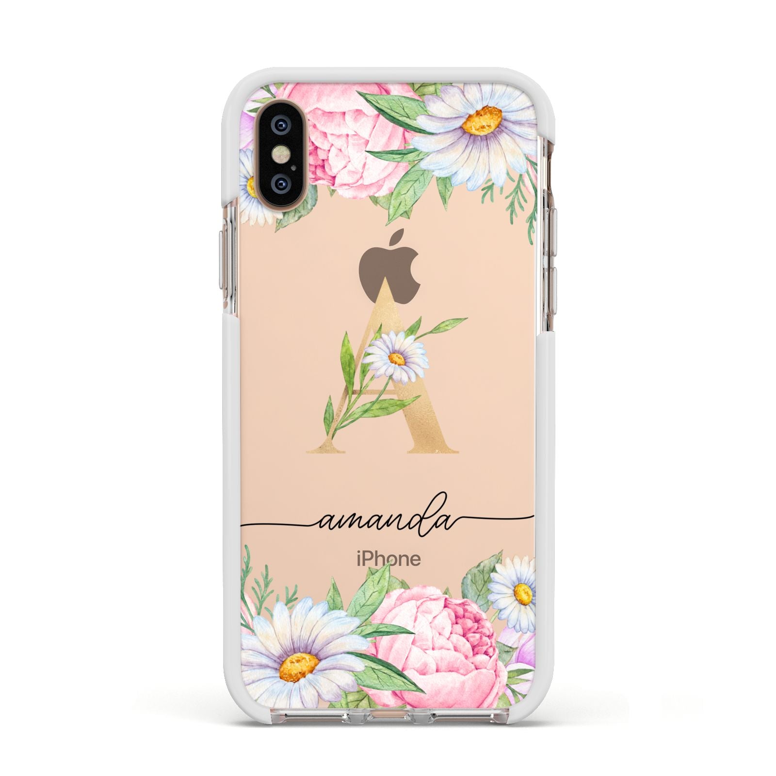 Personalised Floral Monogram Apple iPhone Xs Impact Case White Edge on Gold Phone