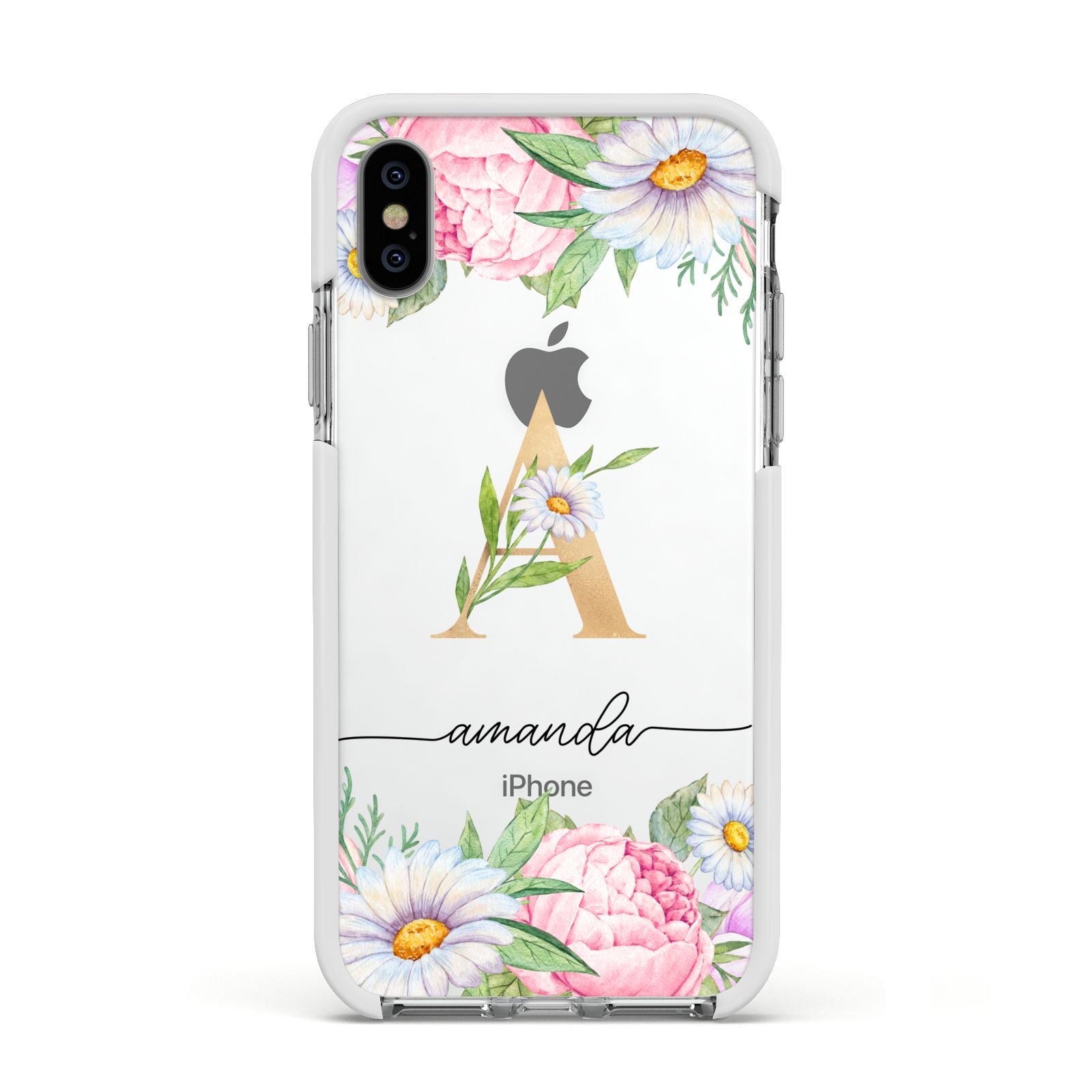 Personalised Floral Monogram Apple iPhone Xs Impact Case White Edge on Silver Phone
