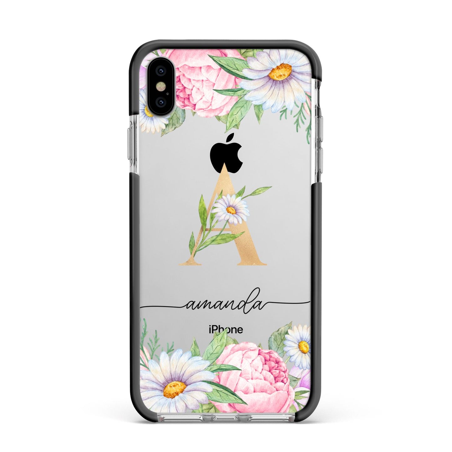 Personalised Floral Monogram Apple iPhone Xs Max Impact Case Black Edge on Silver Phone