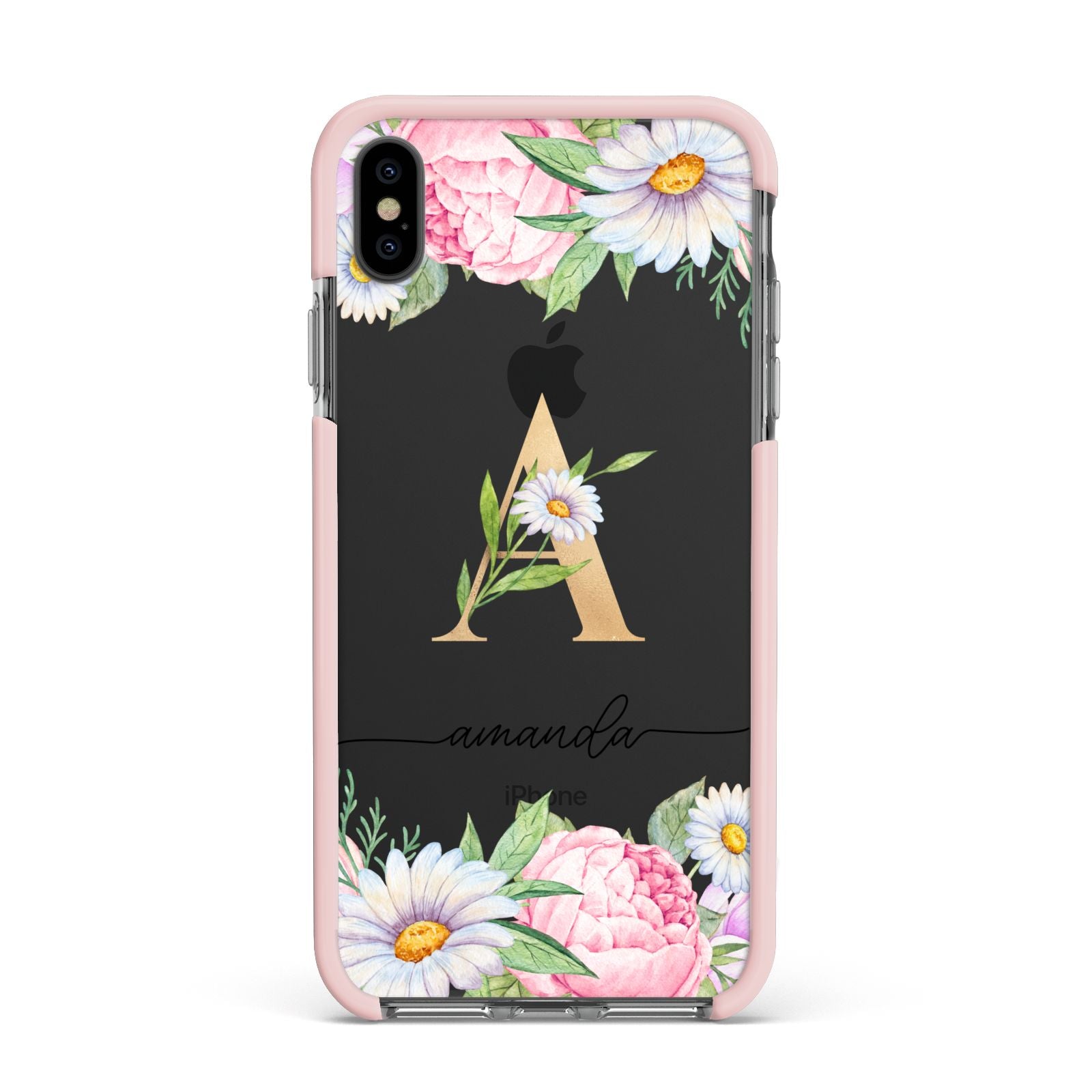 Personalised Floral Monogram Apple iPhone Xs Max Impact Case Pink Edge on Black Phone