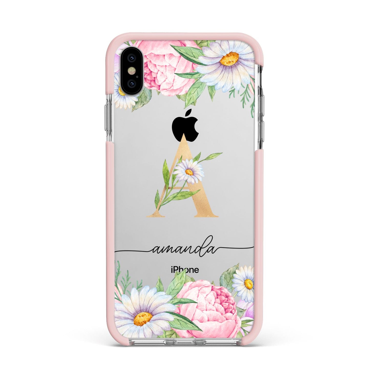 Personalised Floral Monogram Apple iPhone Xs Max Impact Case Pink Edge on Silver Phone