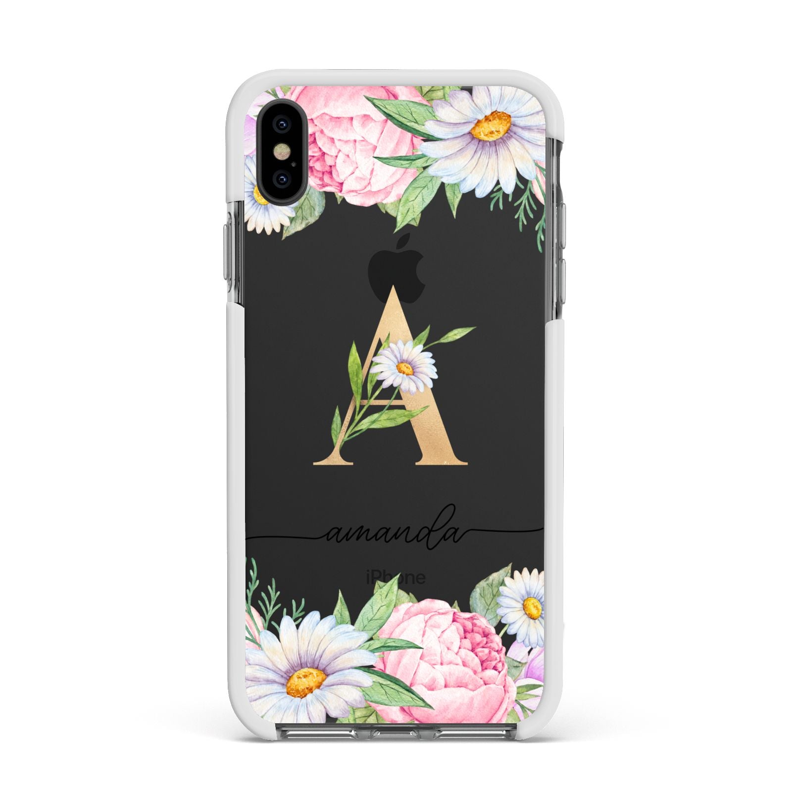 Personalised Floral Monogram Apple iPhone Xs Max Impact Case White Edge on Black Phone