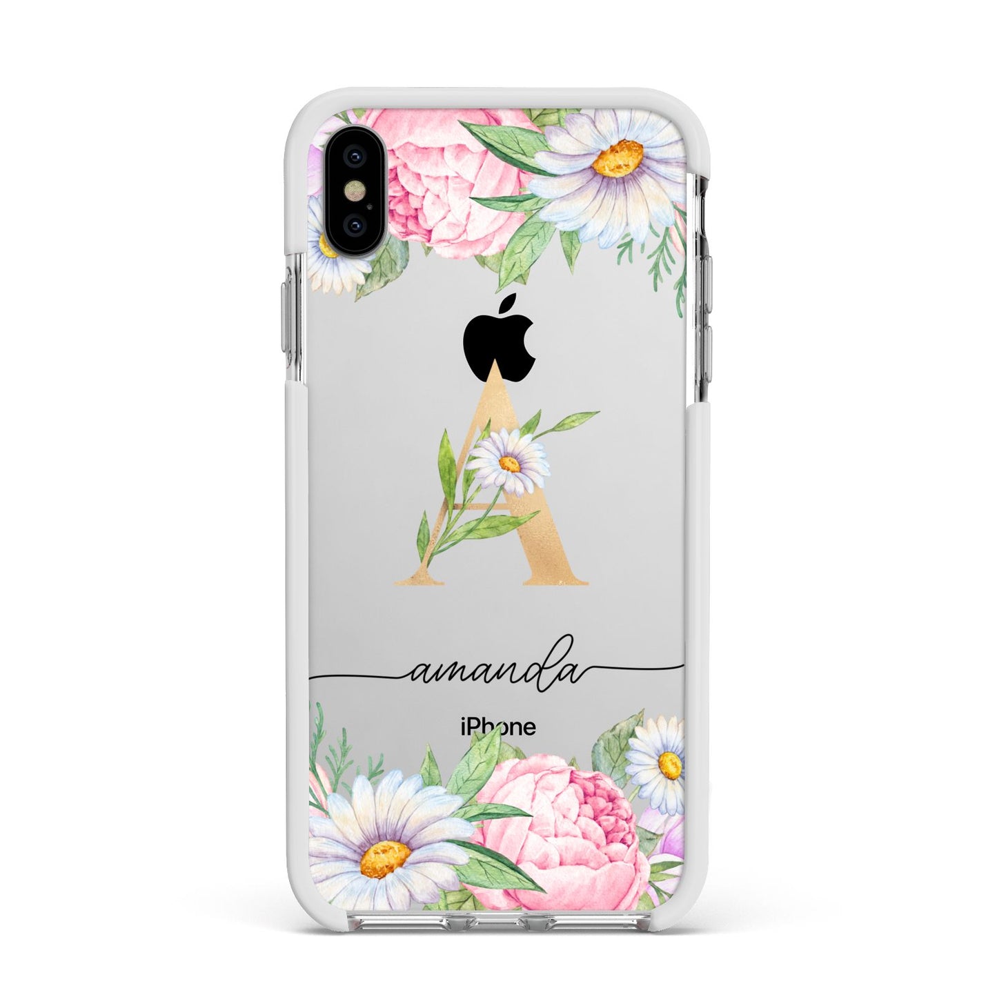 Personalised Floral Monogram Apple iPhone Xs Max Impact Case White Edge on Silver Phone