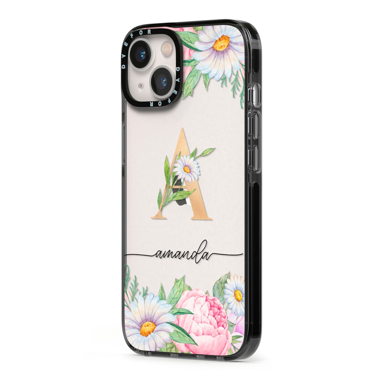 Personalised Floral Monogram iPhone 13 Black Impact Case Side Angle on Silver phone