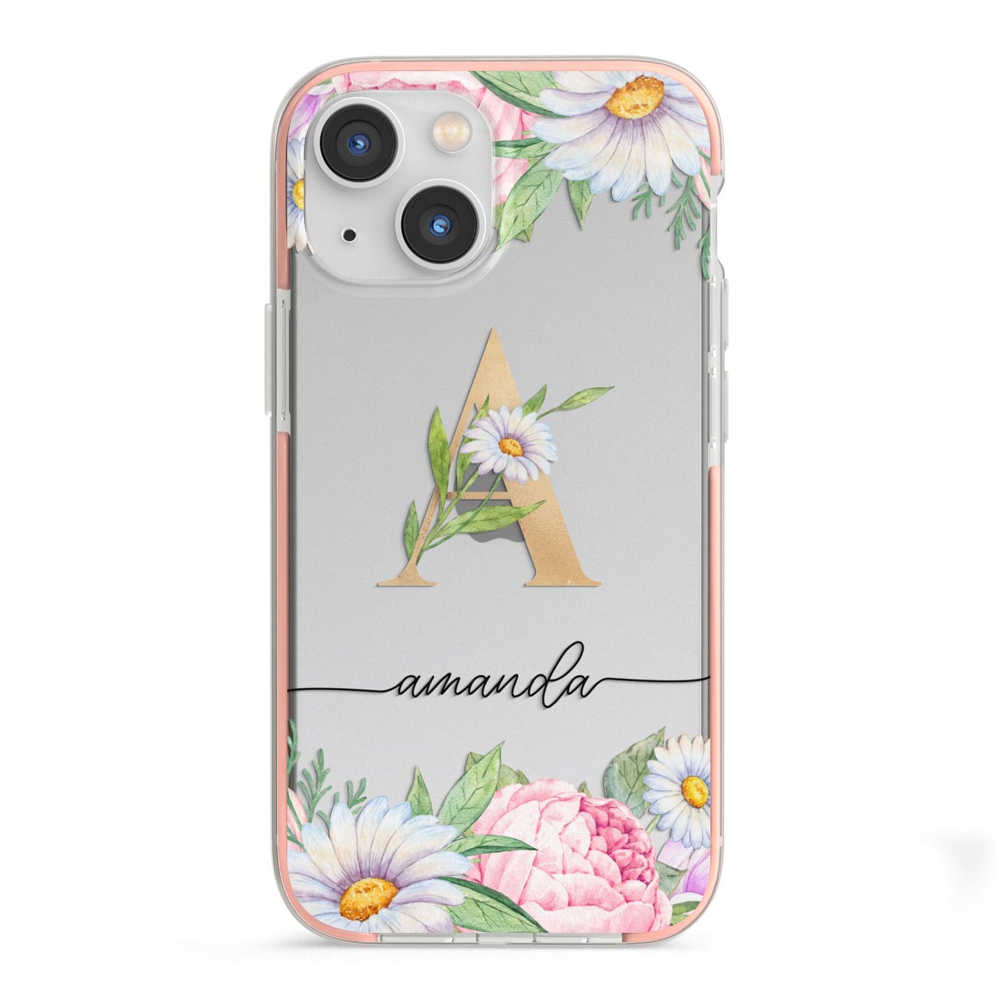 Personalised Floral Monogram iPhone 13 Mini TPU Impact Case with Pink Edges