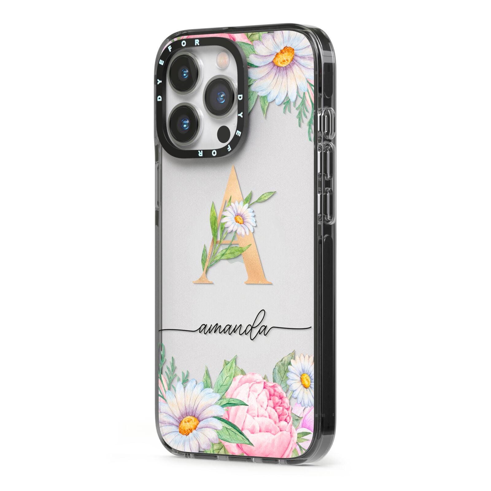 Personalised Floral Monogram iPhone 13 Pro Black Impact Case Side Angle on Silver phone