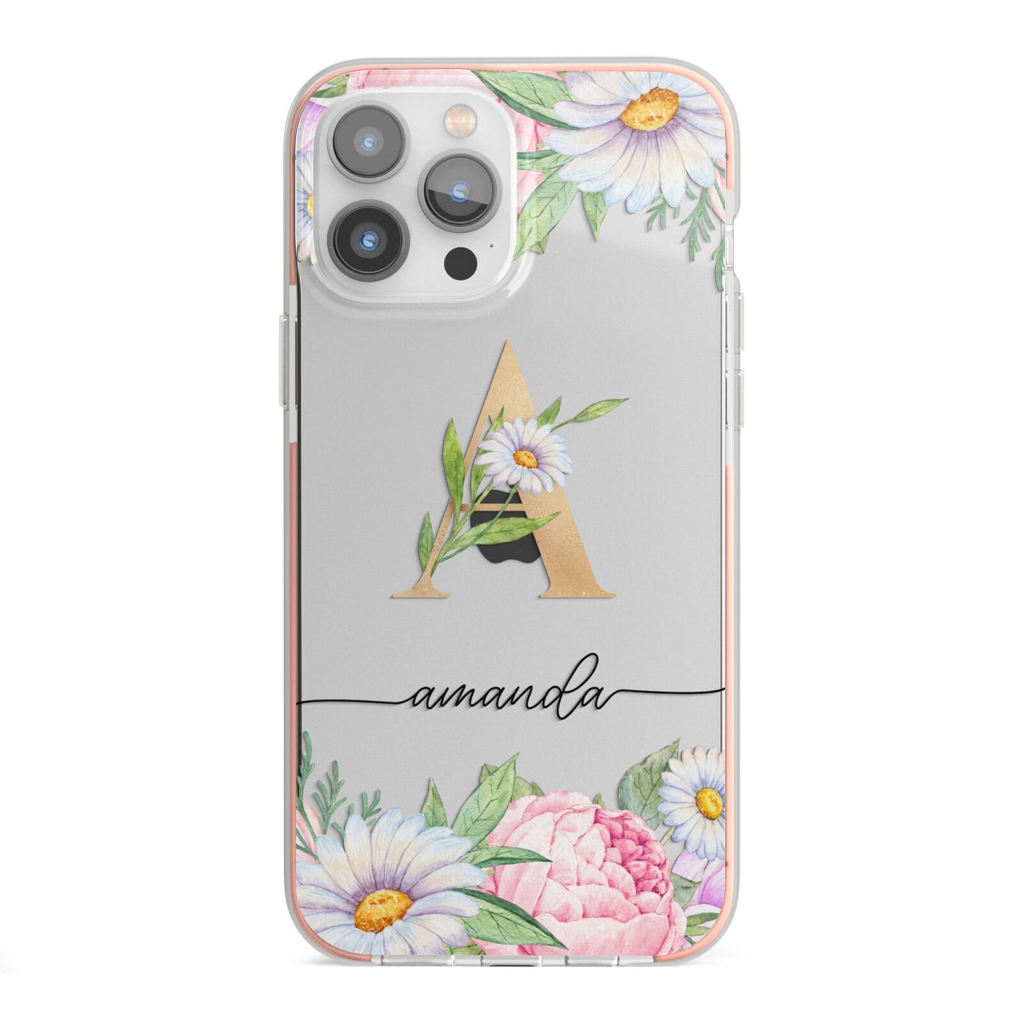 Personalised Floral Monogram iPhone 13 Pro Max TPU Impact Case with Pink Edges