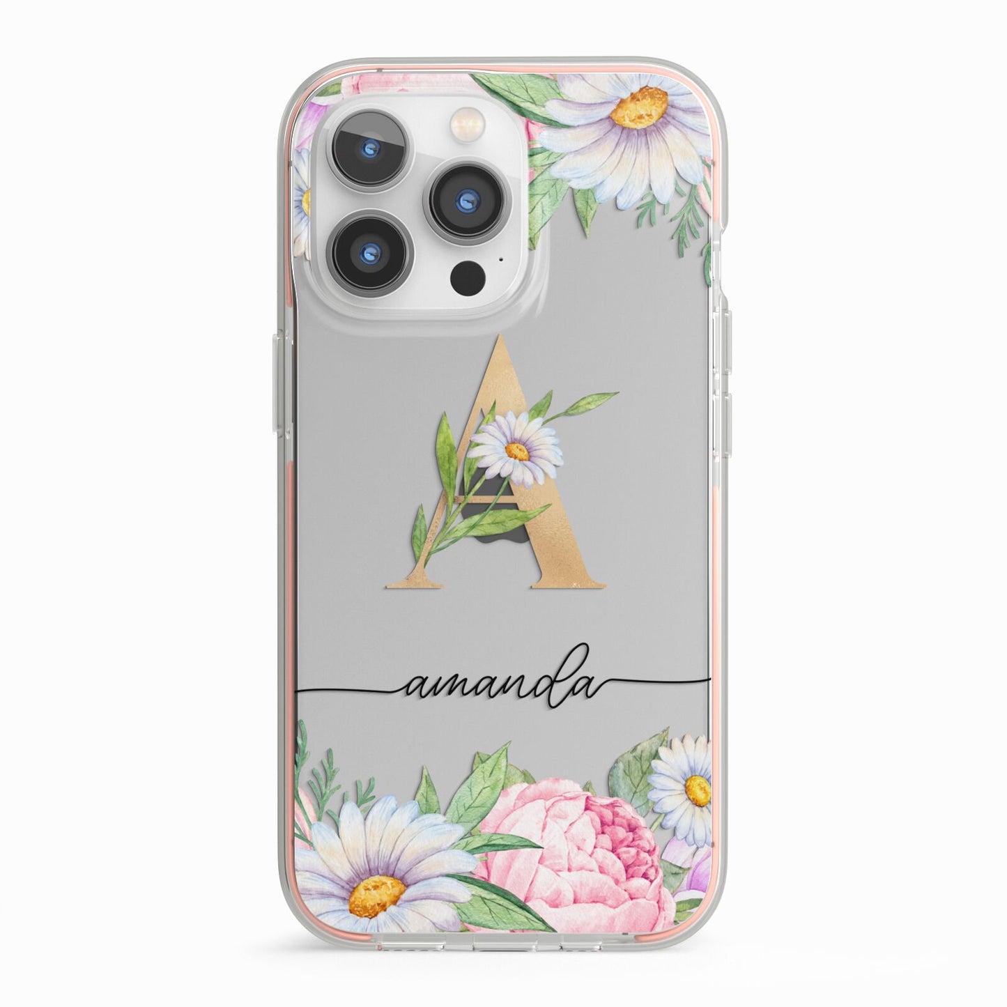 Personalised Floral Monogram iPhone 13 Pro TPU Impact Case with Pink Edges