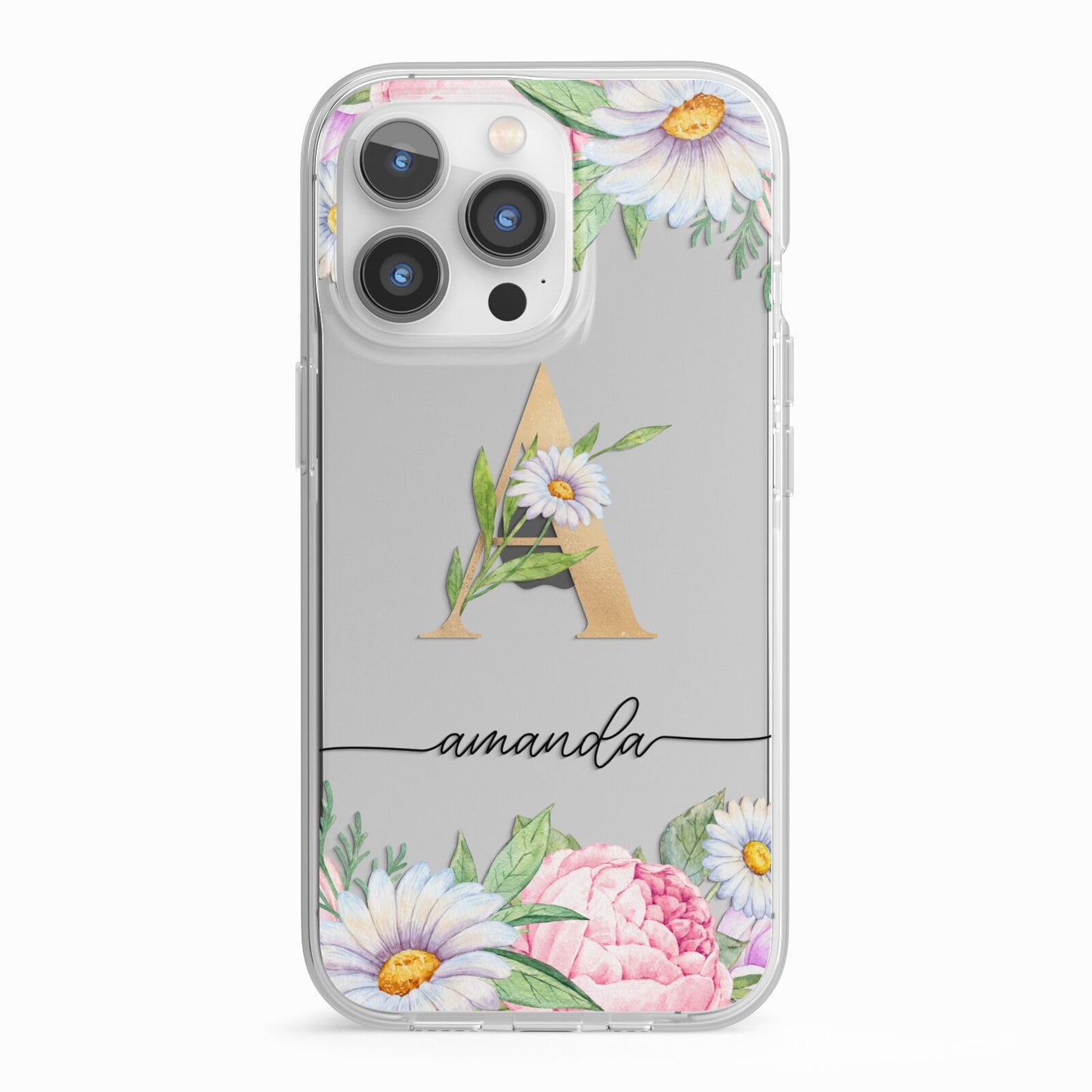 Personalised Floral Monogram iPhone 13 Pro TPU Impact Case with White Edges