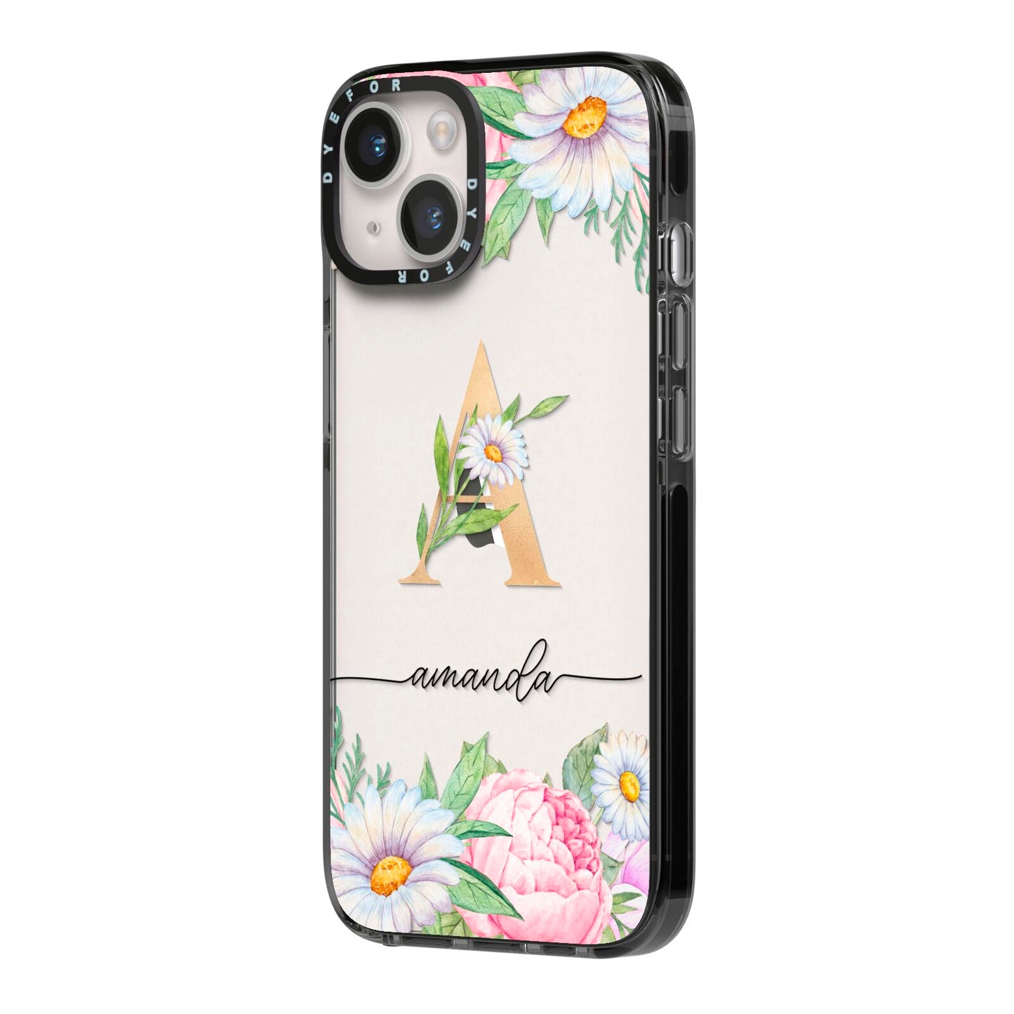 Personalised Floral Monogram iPhone 14 Black Impact Case Side Angle on Silver phone